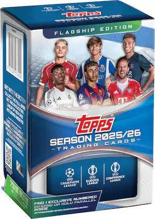 Topps Season 2025/26 Trading Cards - Flagship Edition
Get into the action! Collect the set and the full base lineup of new and returning players! Look for exclusive memorabilia cards and autographs!
7 Packs per Box | 8 Cards per Pack | 55 Total Cards
Find 1 Exclusive Numbered Parallel Inside (No Purchase Necessary. Visit Topps.com/NPN for details and entry.)
UEFA Champions League | UEFA Europa League | UEFA Conference League