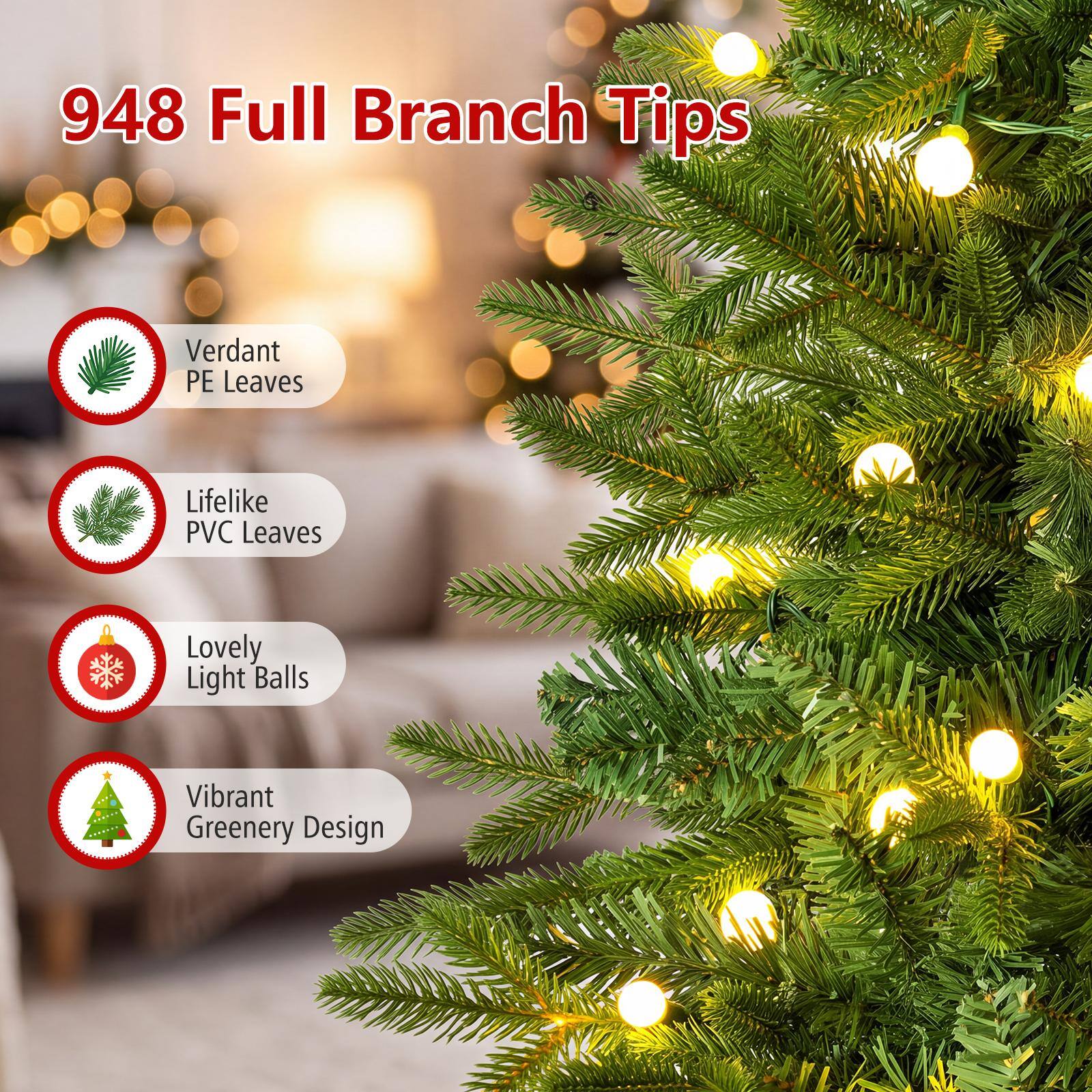 948 Full Branch Tips

- Verdant PE Leaves
- Lifelike PVC Leaves
- Lovely Light Balls
- Vibrant Greenery Design