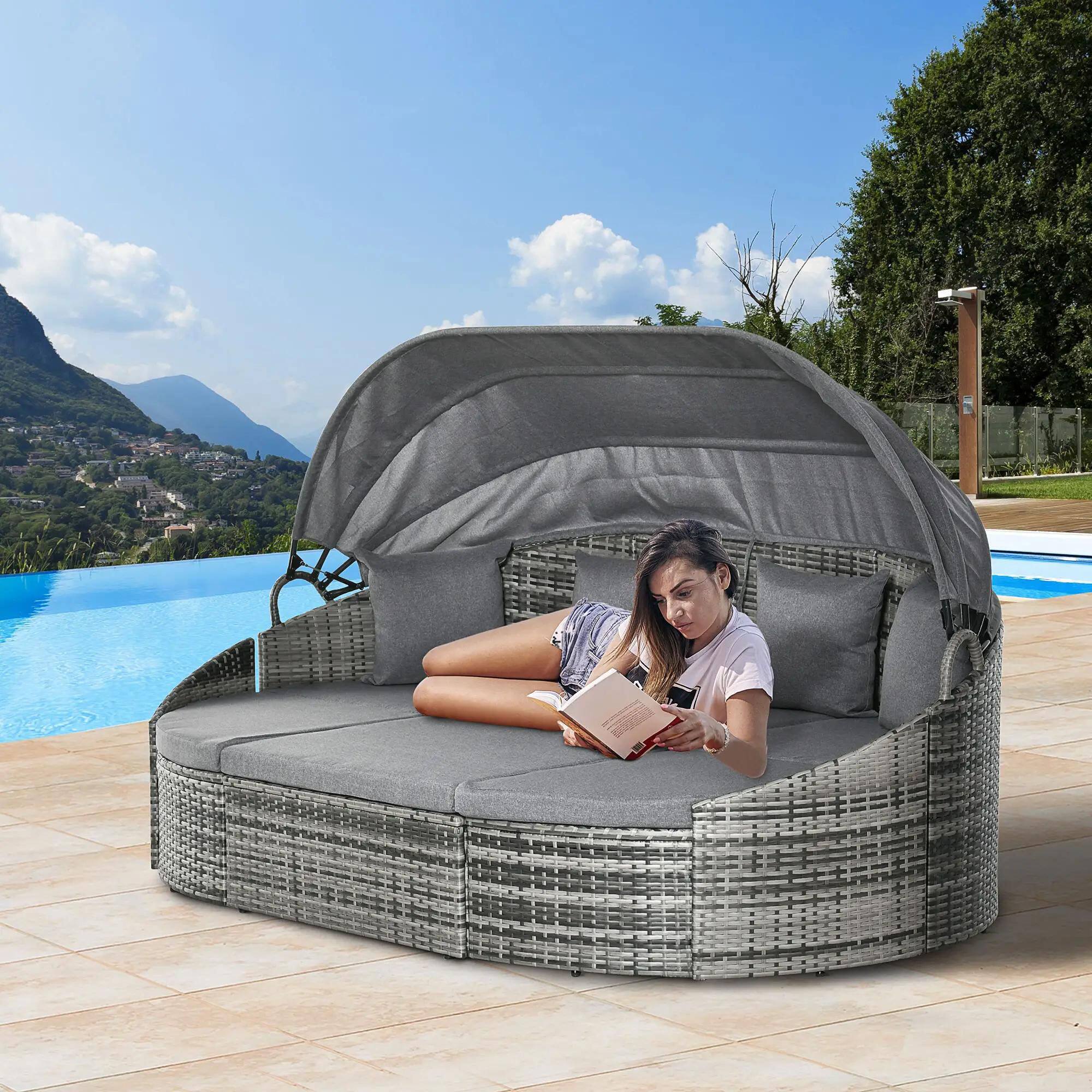 Left. Resenkos - Resenkos Convertible Rattan Daybed Sectional, Non-Slip, Outdoor Sectional Furniture, Gray - Gray.