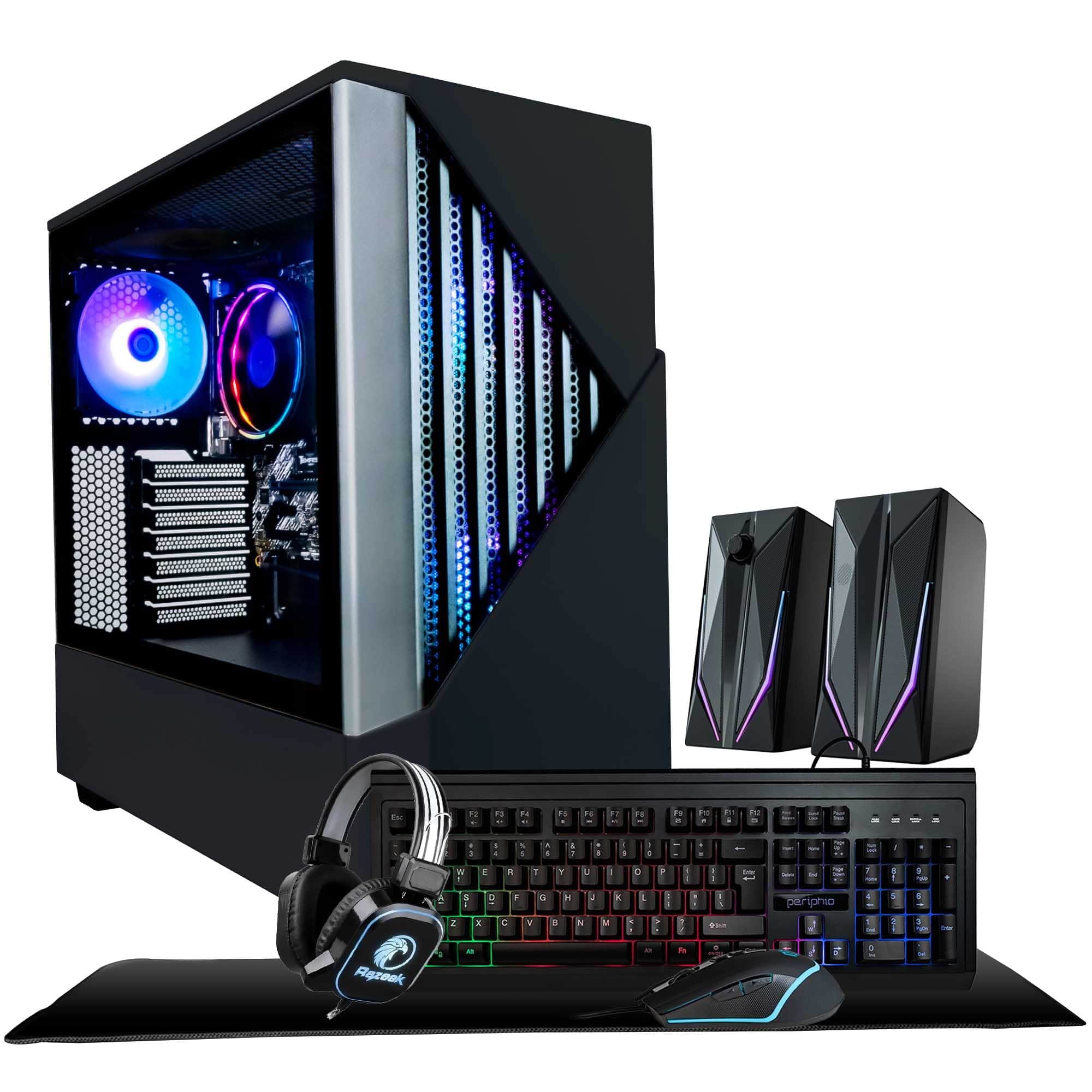 Periphio - Reaper Gaming PC Bundle-AMD Ryzen 5-Radeon Vega 7 iGPU-16GB RAM-1TB NVMe-Win 11, M/K Combo+Headst &Spkrs+Dskmt - Black