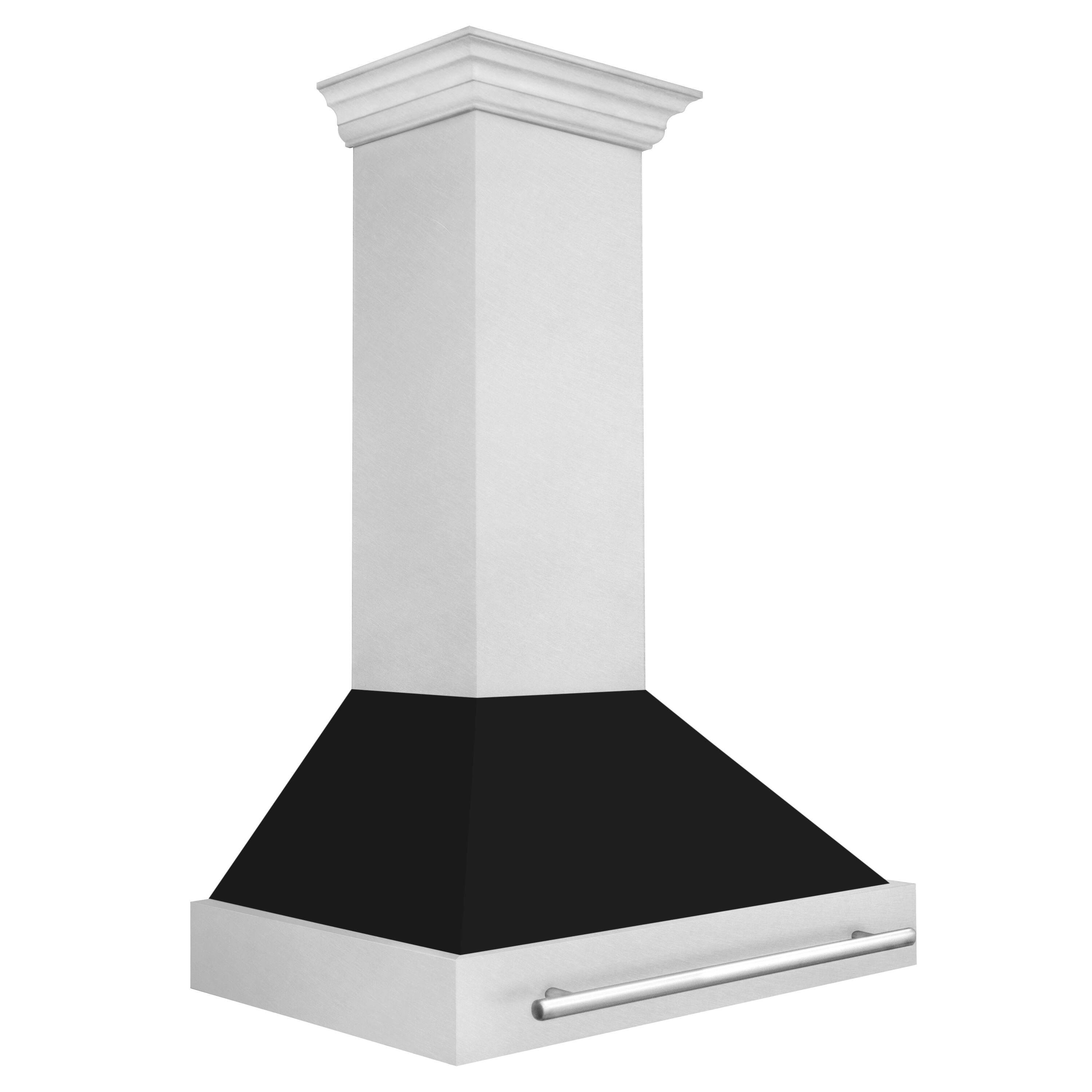 Angle. ZLINE - ZLINE 30 in. Ducted Satin Stainless Steel Wall Mount Range Hood with Black Matte Shell - Silver/Black Matte Shell.
