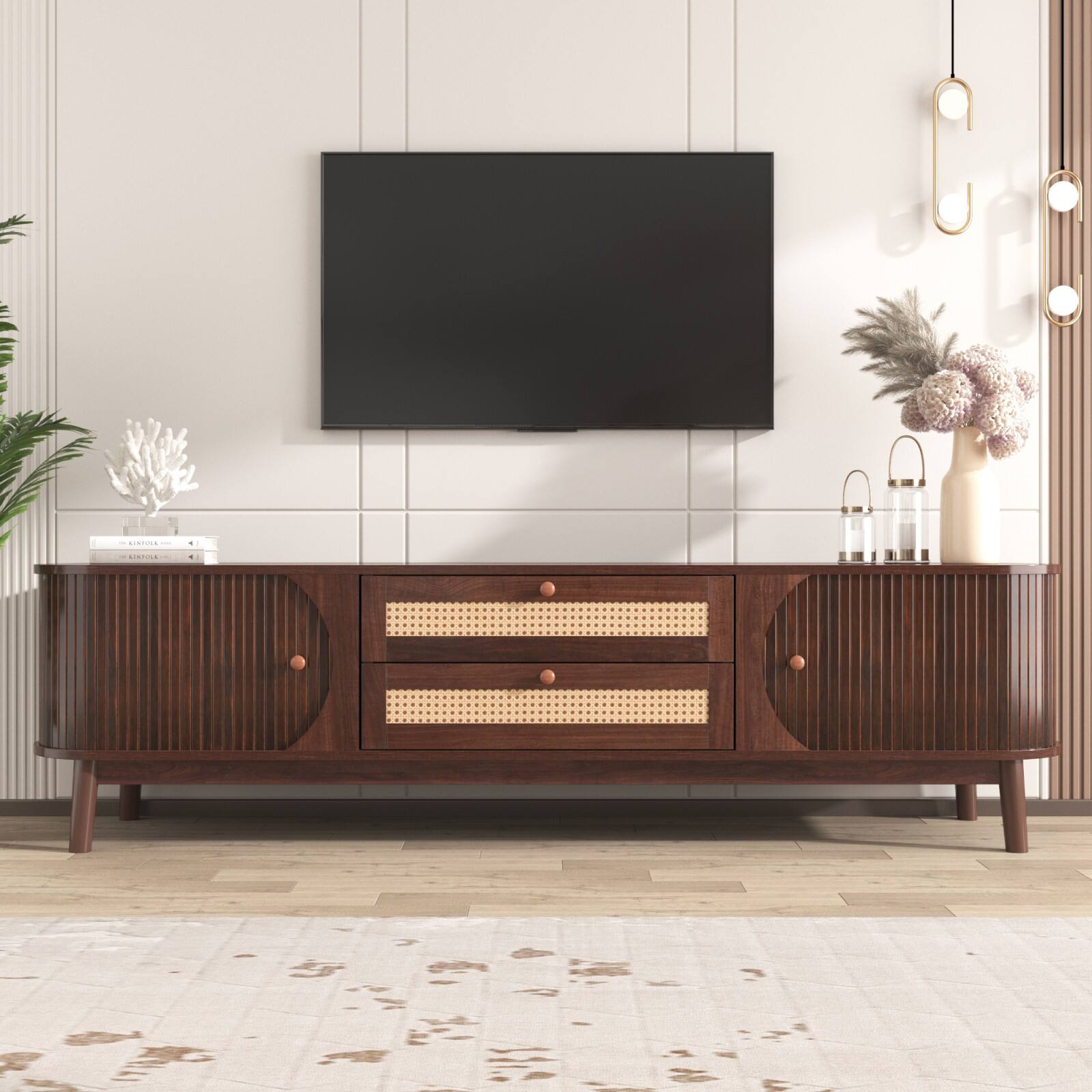 Alt View 9. Ecooso - Rattan TV Stand for TVs up to 75'', Entertainment Center with Solid Wood Legs, TV Cabinet for Living Room - Natural Wood+Brown.