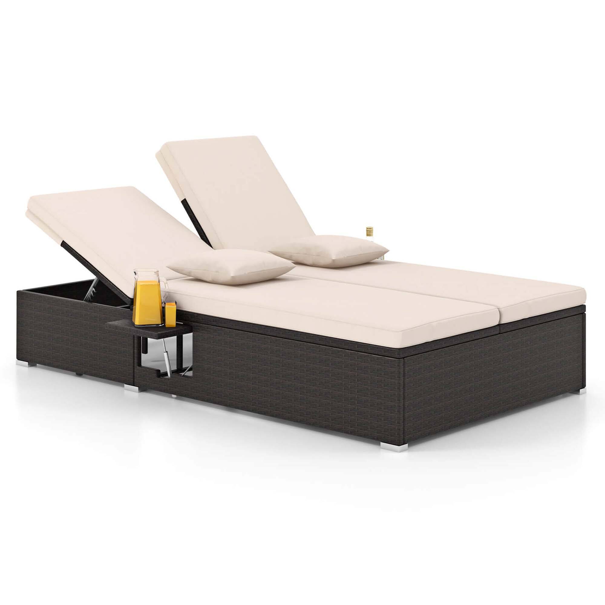 Front. Costway - Outdoor Patio Daybed PE Wicker Double Chaise Lounge with Adjustable Backrests - Mix Brown + Beige.