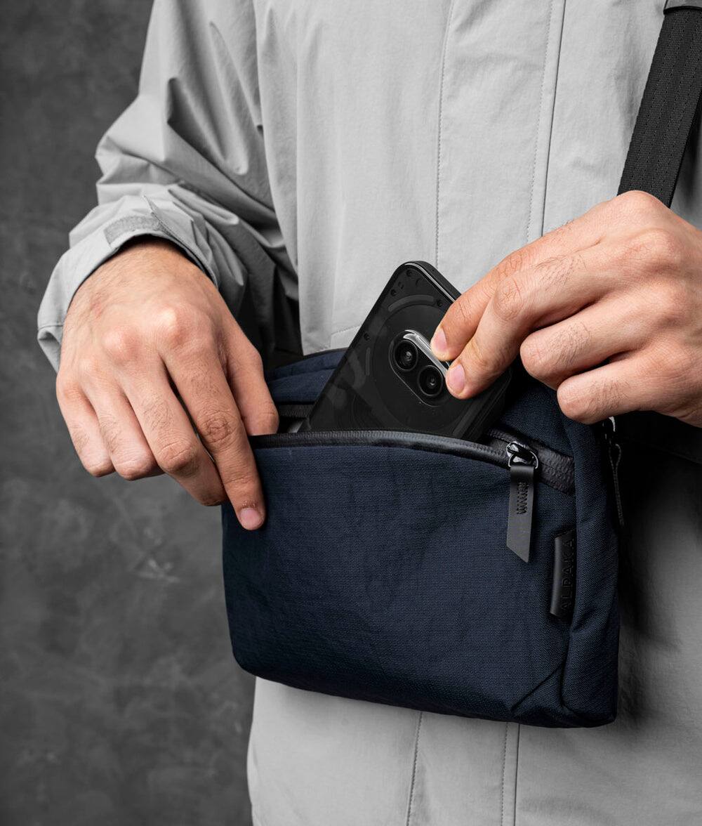 Back. ALPAKA - ALPAKA Flight Sling 2L Lightweight Packable Travel Sling Bag with Tablet Sleeve and Detachable Strap - Moonlight Blue/Grey Axoflux 400D.