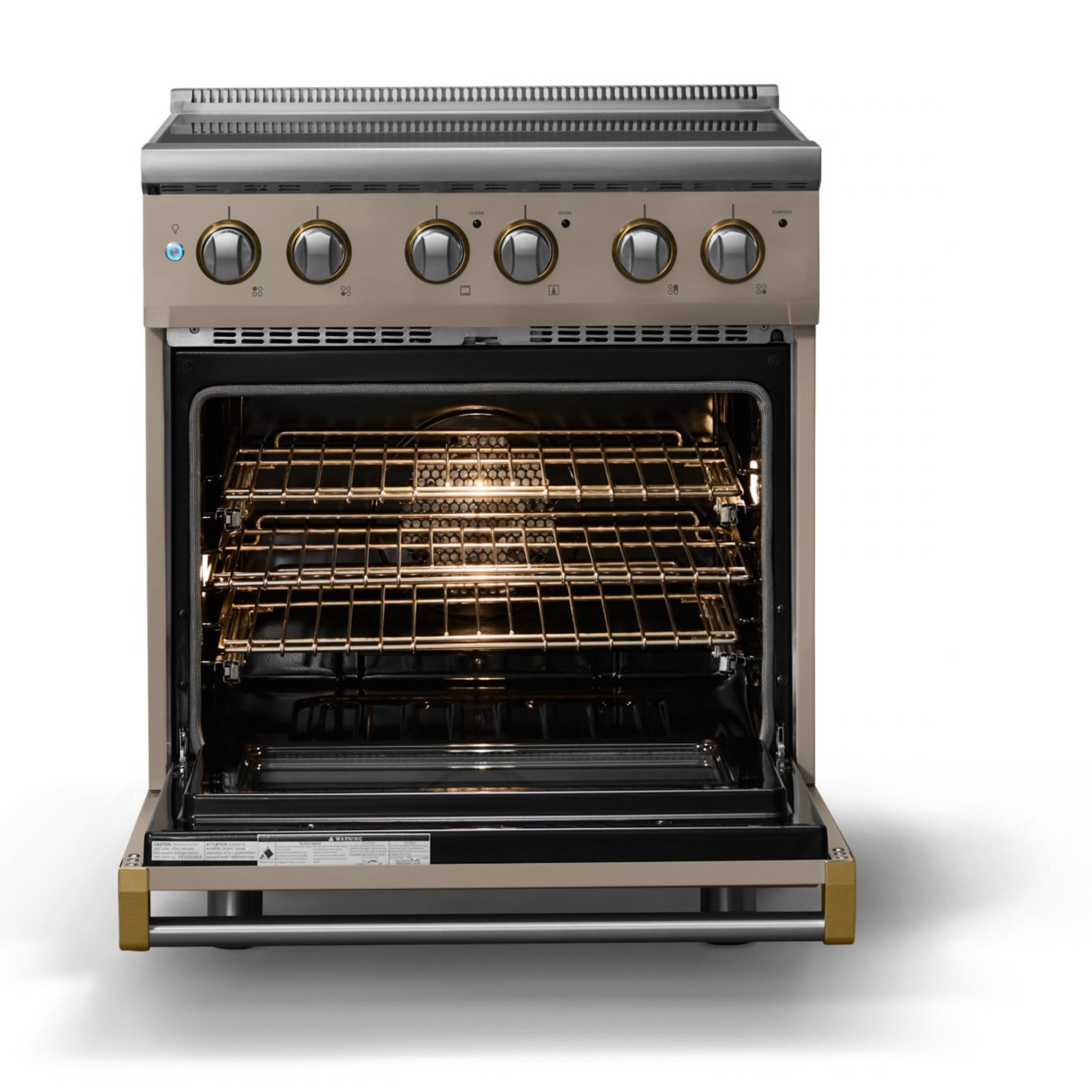 Alt View 2. Viking - 30"W. Pro5S 4.7 Cu. Ft. Freestanding 4 Element  Electric Convection Range - Nantucket/Brushed Brass - Nantucket.