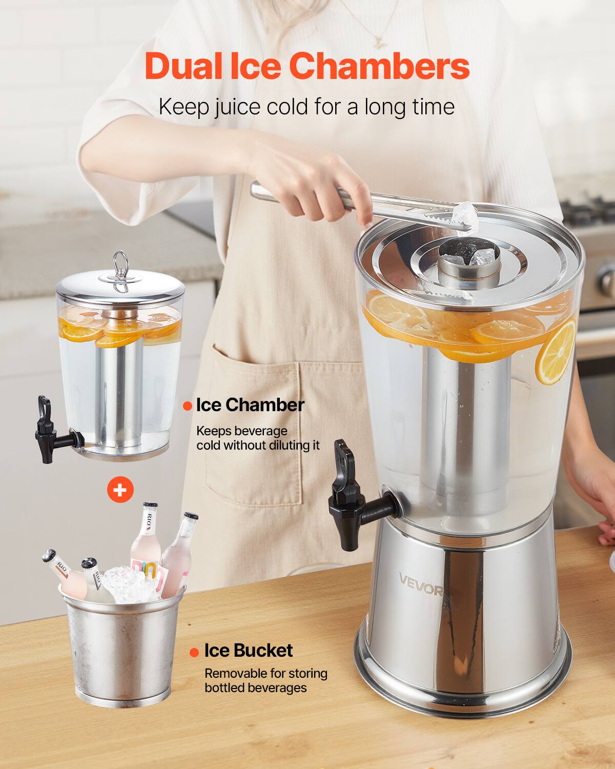 Dual Ice Chambers  
Keep juice cold for a long time  

- Ice Chamber  
  Keeps beverage cold without diluting it  

- Ice Bucket  
  Removable for storing bottled beverages