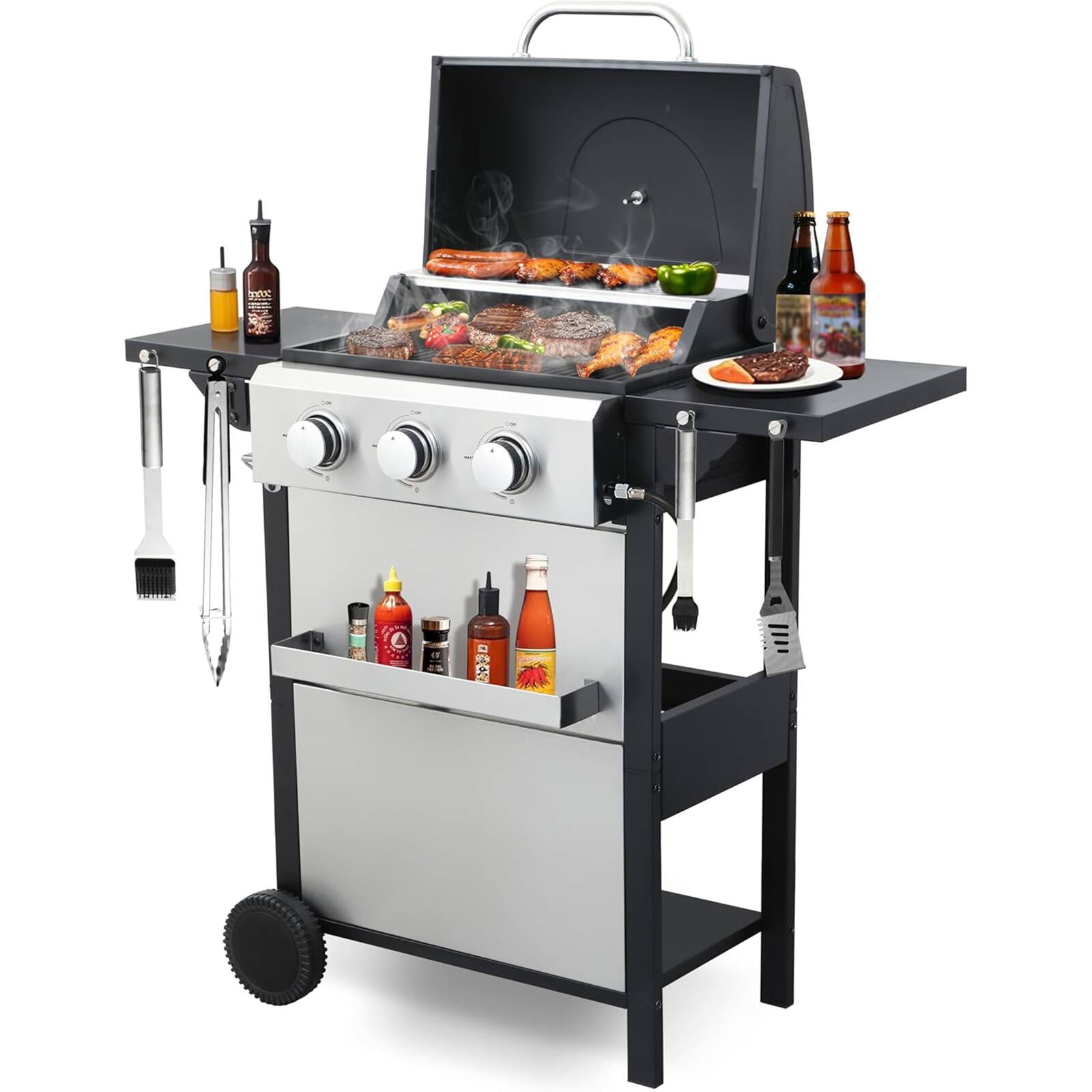 Front. Chateau Abodes - 3-Burner Propane Gas Grill, 25,650 BTU with 2 Foldable Side Tables, Porcelain-Enameled Flame Tamers - Black, Sliver.