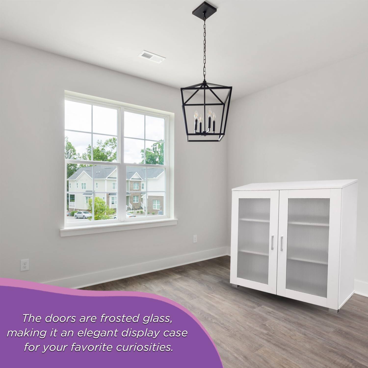 The doors are frosted glass, making it an elegant display case for your favorite curiosities.