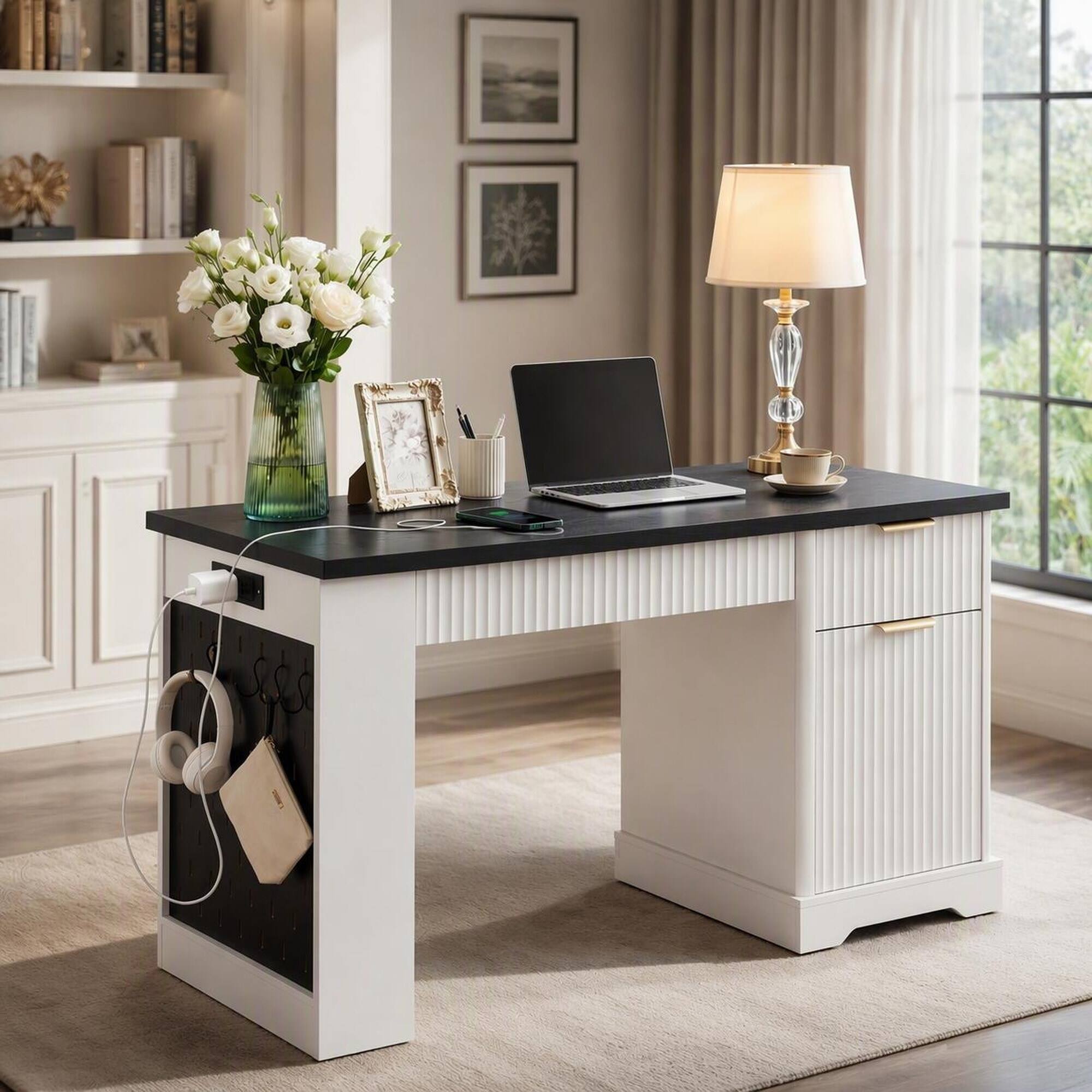 Front. RYHNUYNE - 55.12 in White Fluted Office Desk, MDF Computer Writing Table with Power Outlet, Pegboard, Storage Cabinet, Drawers - White.