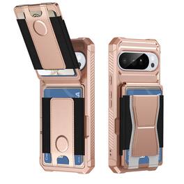 Dteck - Rugged Wallet Phone Case for Google Pixel 11 Pro XL, Shockproof Protective Cover with Elastic Card Holder and Kickstand - Rosegold