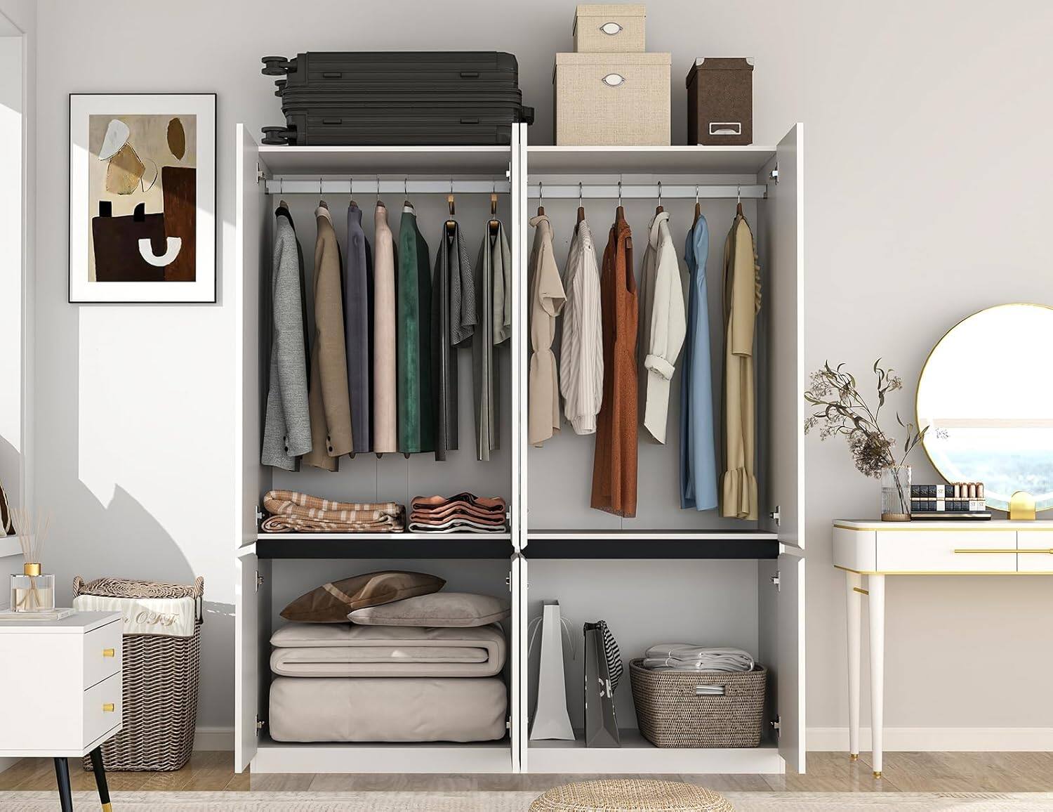 Alt View 1. Tiramisubest - Wardrobe Armoire Closet,4 Door Cabinet with 2 Hanging Rod and 1 Mirror,Bedroom Large Capacity Wood Armoires Closet,White - White.