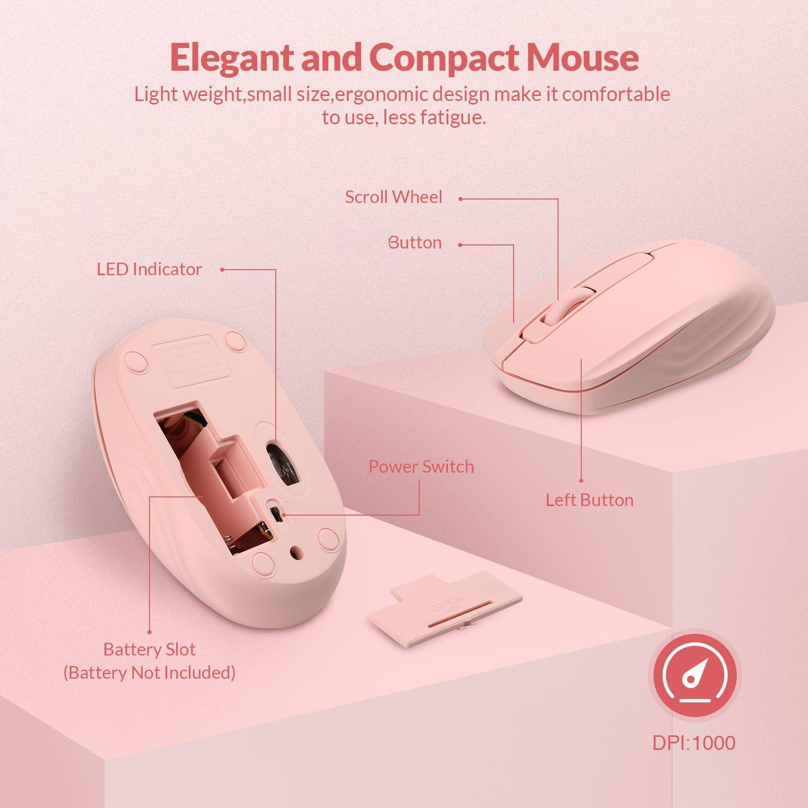 Elegant and Compact Mouse

Lightweight, small size, ergonomic design make it comfortable to use, less fatigue.

- LED Indicator
- Scroll Wheel
- Button
- Power Switch
- Left Button
- Battery Slot (Battery Not Included)

DPI: 1000