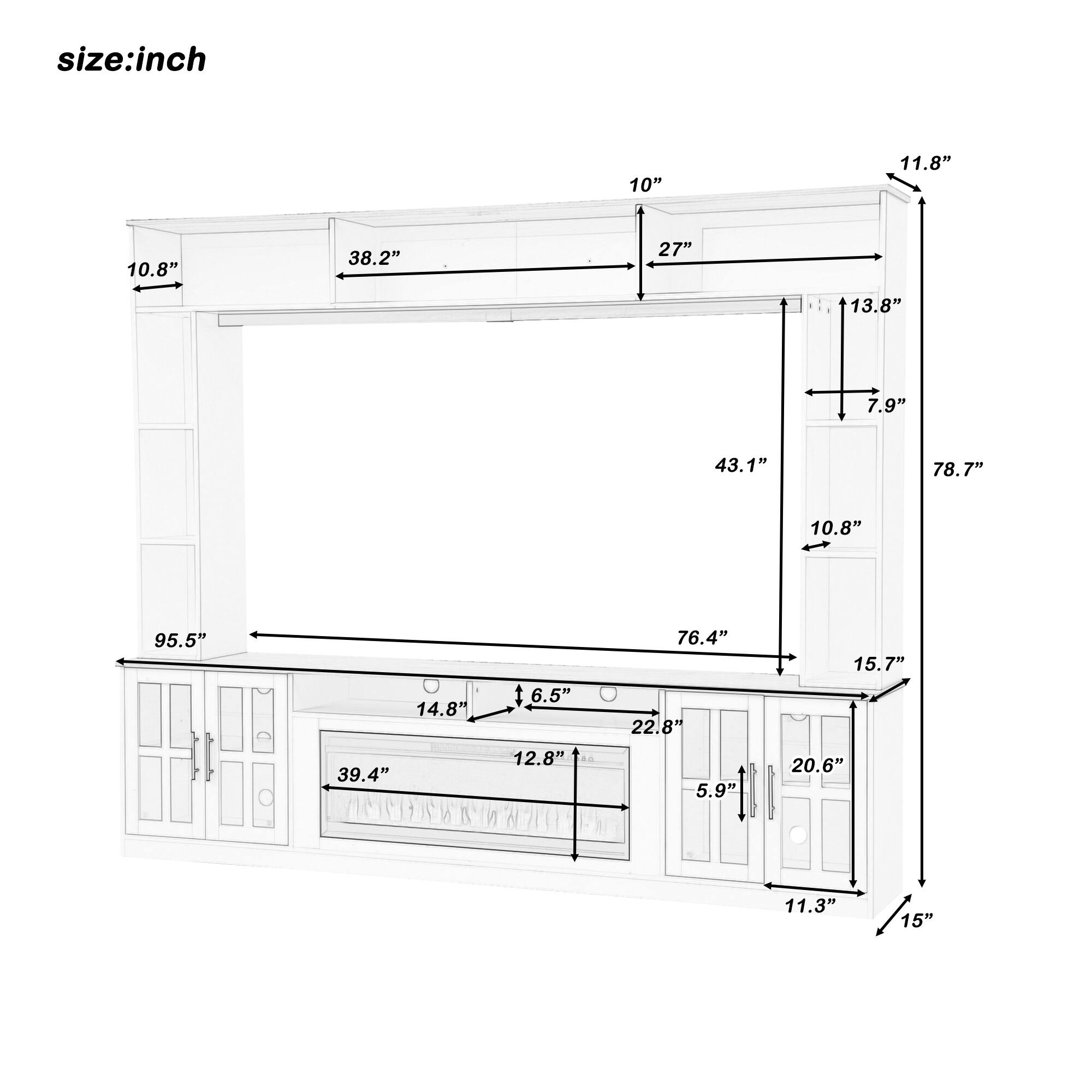 size:inch  
10" 11.8" 10.8" 38.2" 27" 13.8" 7.9" 43.1" 78.7" 10.8" 95.5"  
14.8" 39.4" 16.5" 12.8" 76.4" 22.8" 5.9" 15.7" 20.6" 11.3" 15"