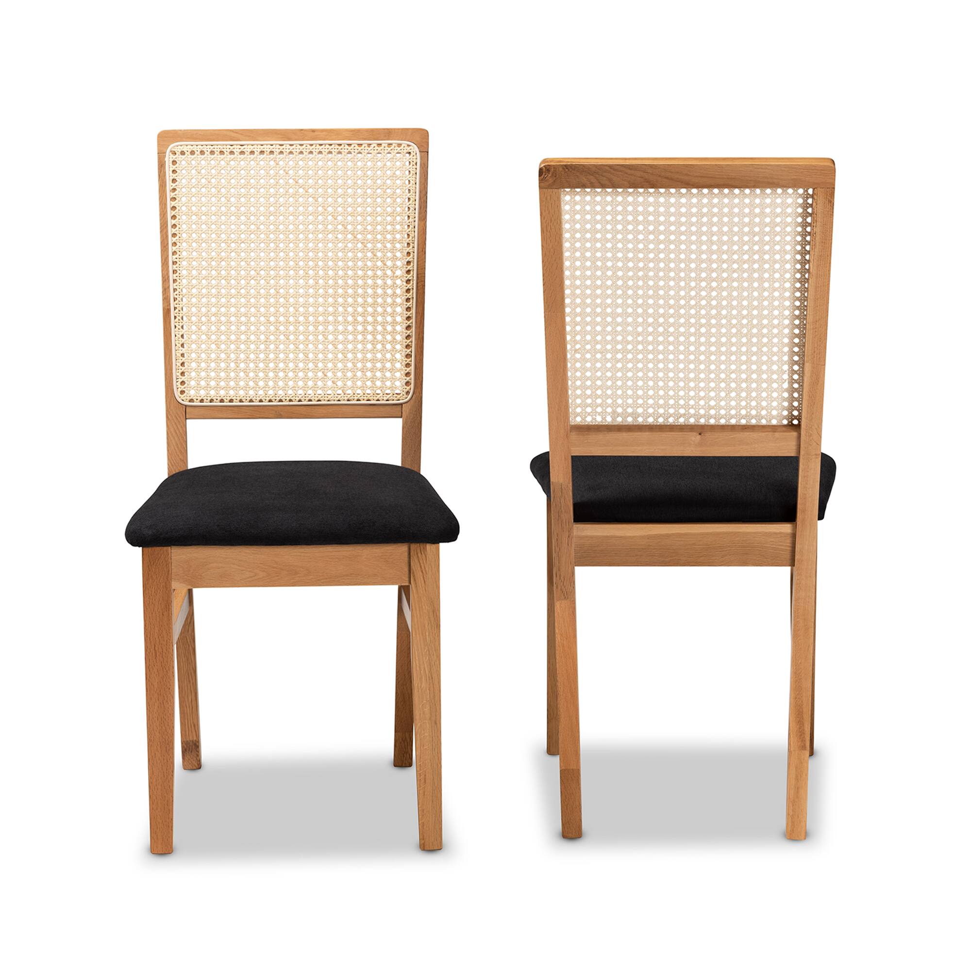 Angle. Baxton Studio - Idris Mid-Century Modern Fabric Upholstered and Oak Finished 2-Piece Rattan Dining Chair Set - Black/Oak Brown.