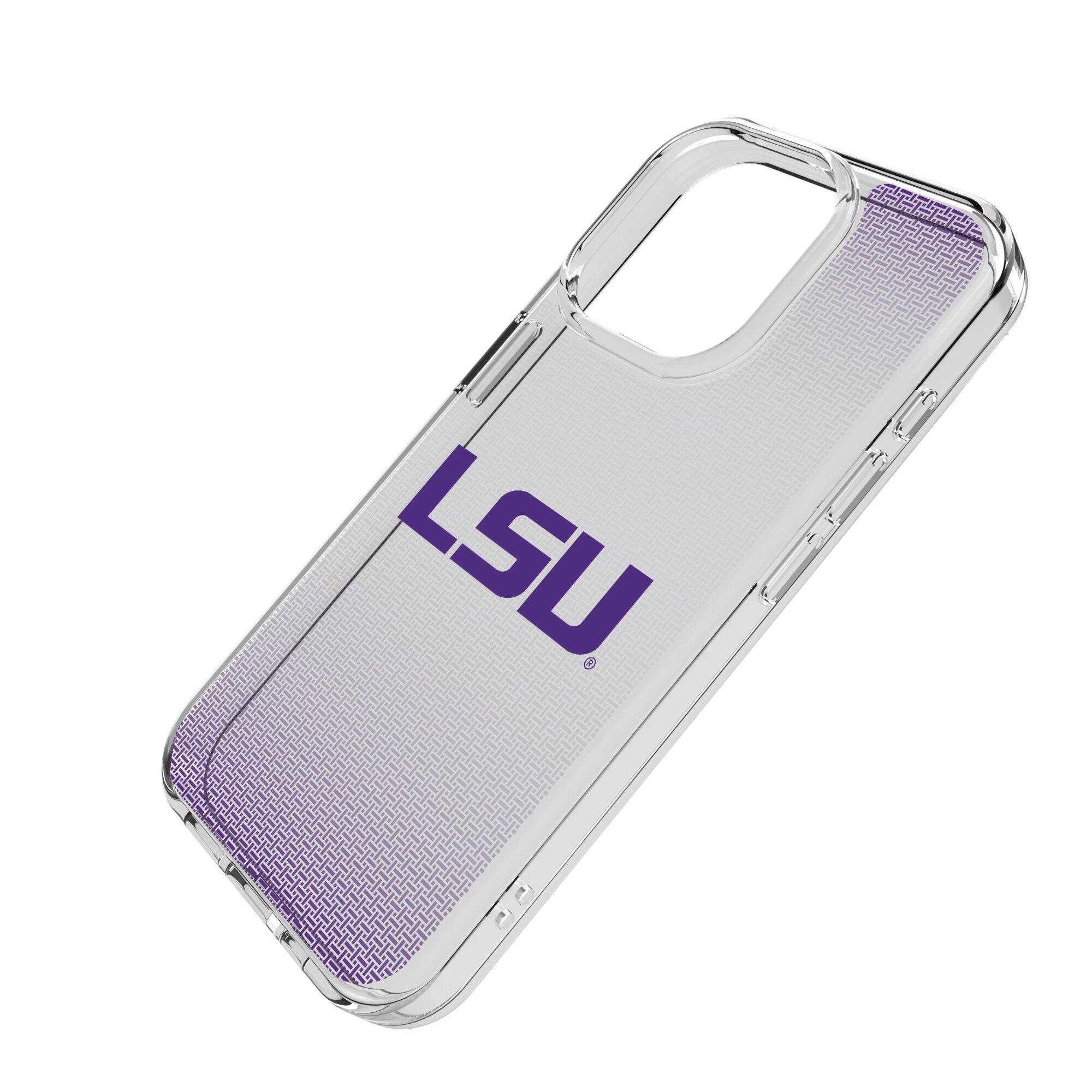 Alt View 1. Keyscaper - LSU Tigers Linen Logo iPhone Clear Case - 13 Pro - Multicolor.