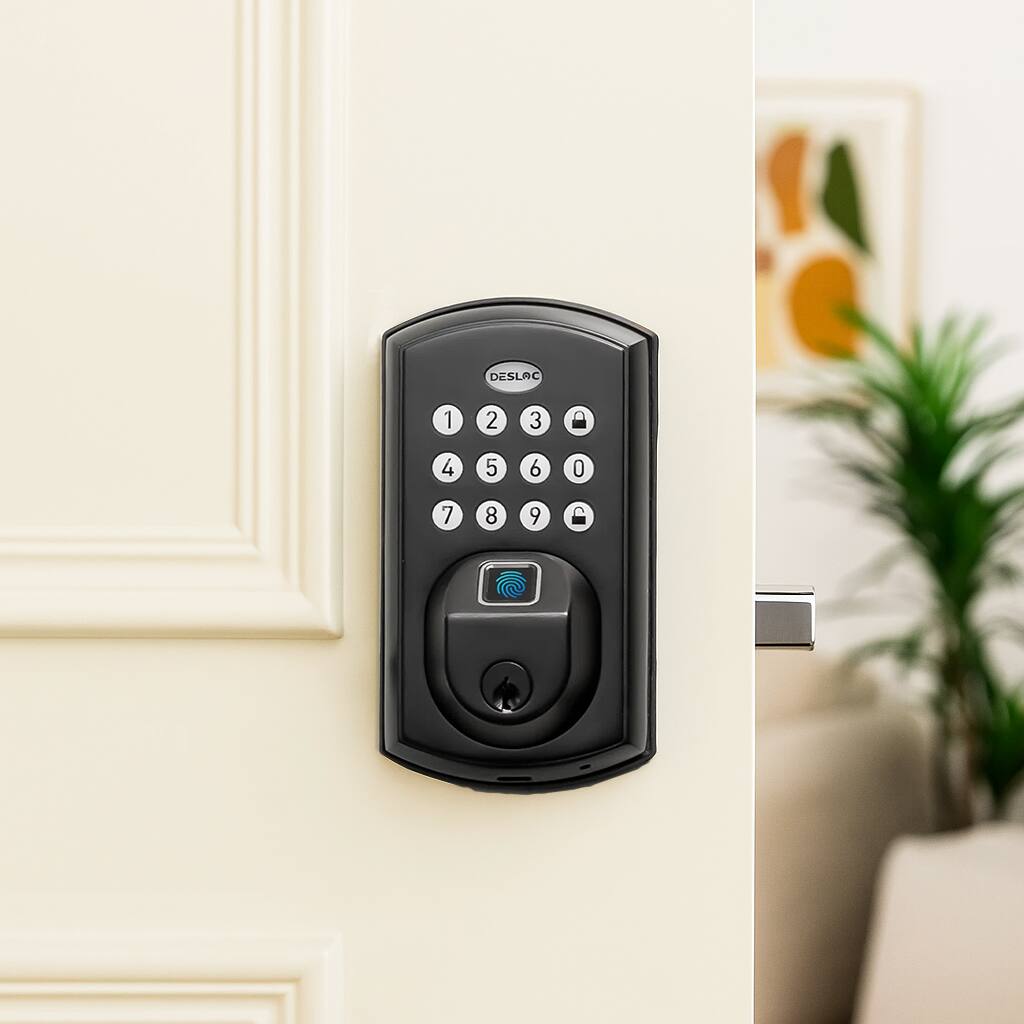 Angle. DESLOC - A100 Smart Door Lock, Smart Keypad Deadbolt with Fingerprint for Front Door - Black.
