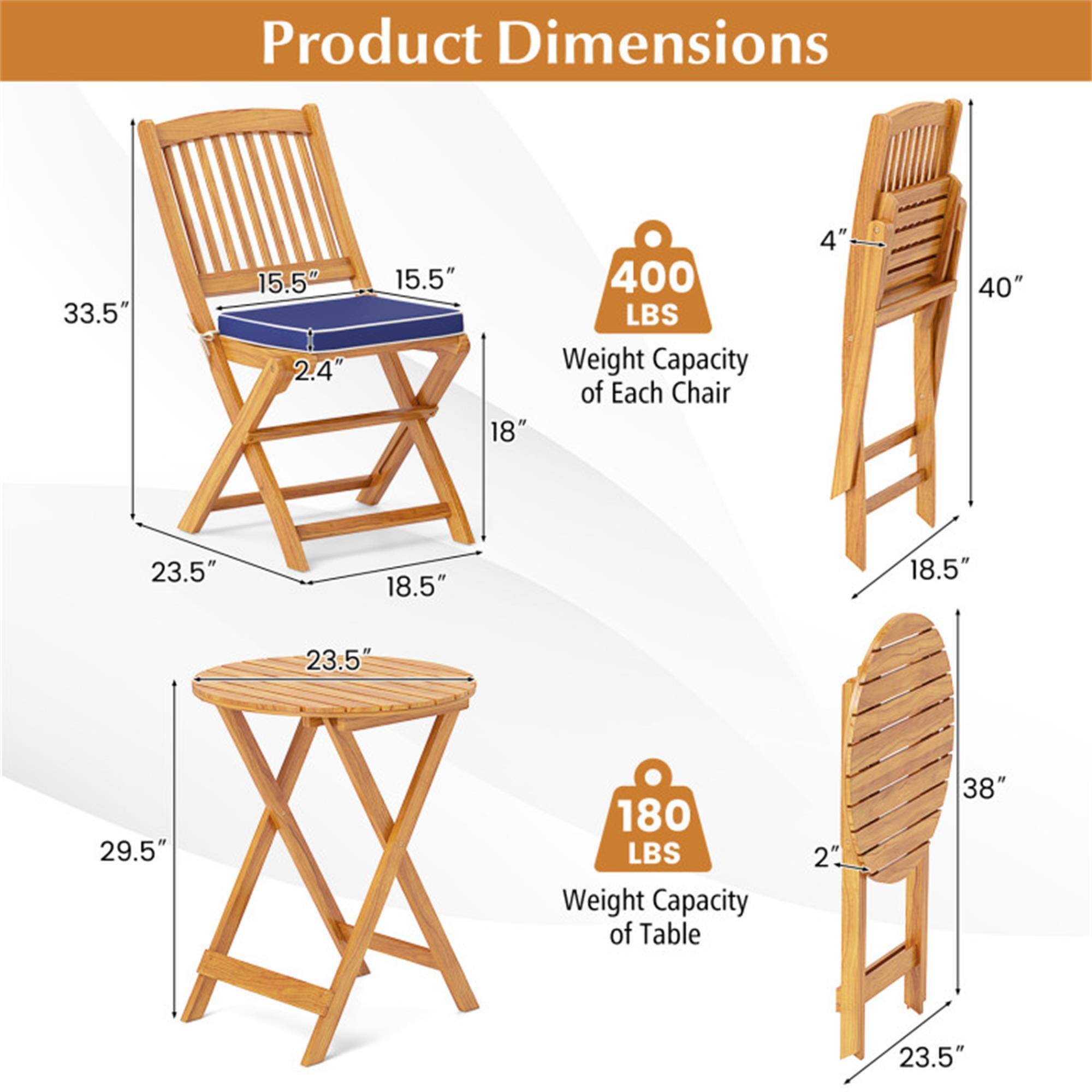 Product Dimensions:

- Chair:
  - Height: 33.5"
  - Width: 15.5"
  - Depth: 15.5"
  - Seat Height: 18"
  - Seat Depth: 2.4"
  - Armrest Height: 18.5"
  - Back Height: 23.5"
  - Weight Capacity: 400 LBS

- Table:
  - Height: 29.5"
  - Diameter: 23.5"
  - Weight Capacity: 180 LBS

- Stool:
  - Height: 40"
  - Seat Height: 18.5"
  - Seat Depth: 4"
  - Seat Diameter: 2"
  - Back Height: 38"
  - Back Width: 23.5"