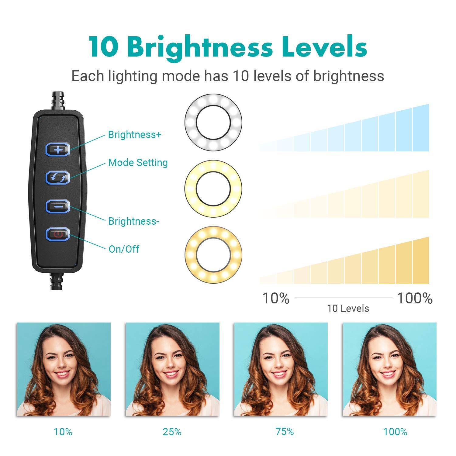 10 Brightness Levels

Each lighting mode has 10 levels of brightness

Brightness+
Mode Setting
Brightness-
On/Off

10% 10 Levels 100%

10%
25%
75%
100%