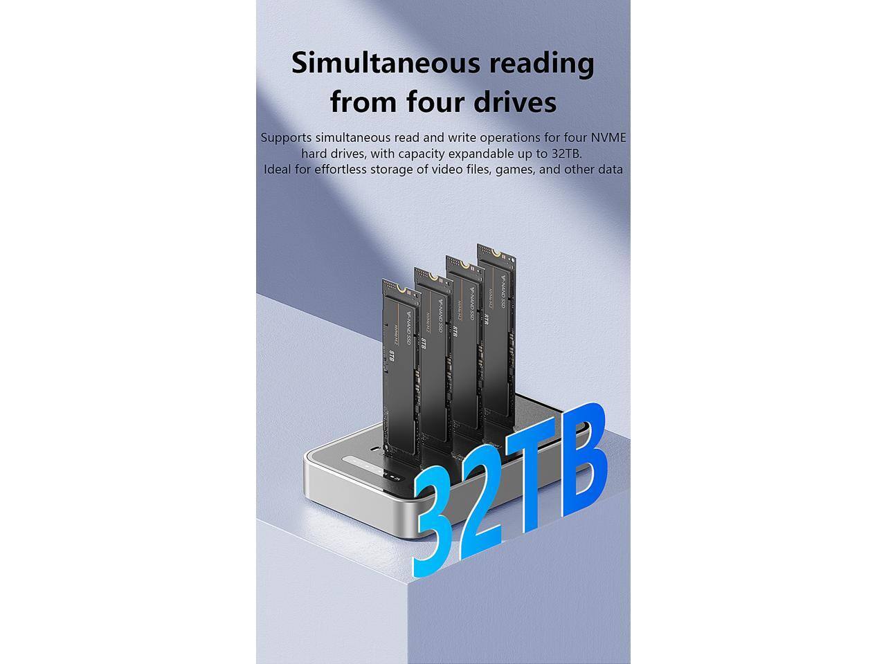 Simultaneous reading from four drives

Supports simultaneous read and write operations for four NVME hard drives, with capacity expandable up to 32TB. Ideal for effortless storage of video files, games, and other data.

32TB
