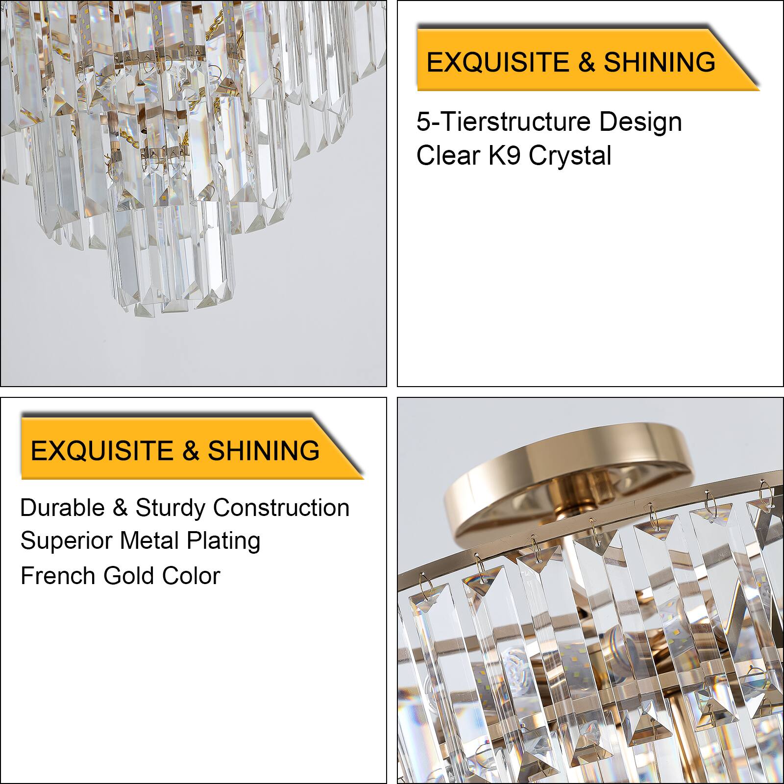 EXQUISITE & SHINING

5-Tier Structure Design  
Clear K9 Crystal

EXQUISITE & SHINING

Durable & Sturdy Construction  
Superior Metal Plating  
French Gold Color