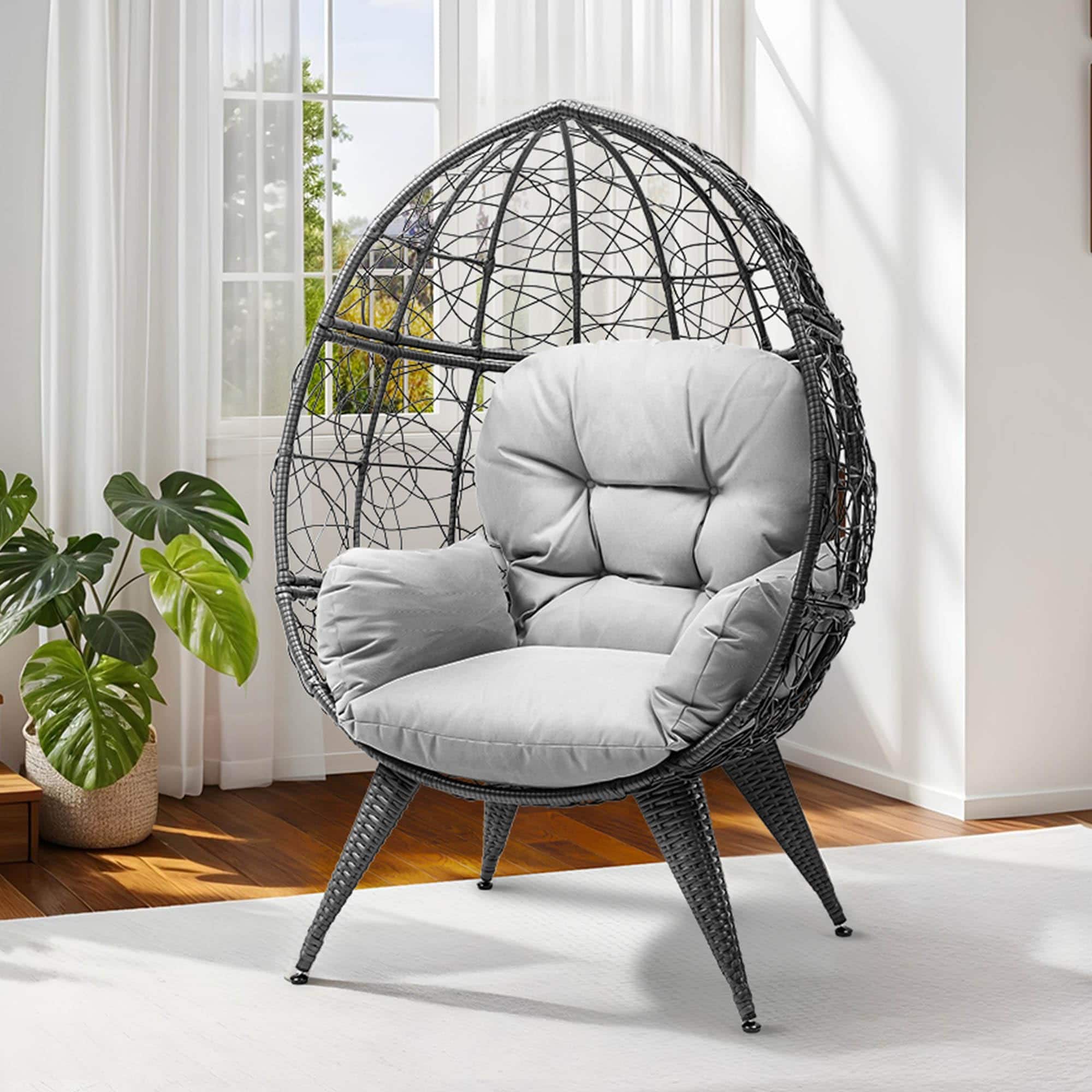 Fabibe - Oversized Egg Chair with Stand Rattan Outdoor Chairs, Large Lounger Chair with Cushion, Adjustable Leveling Feet - Gray