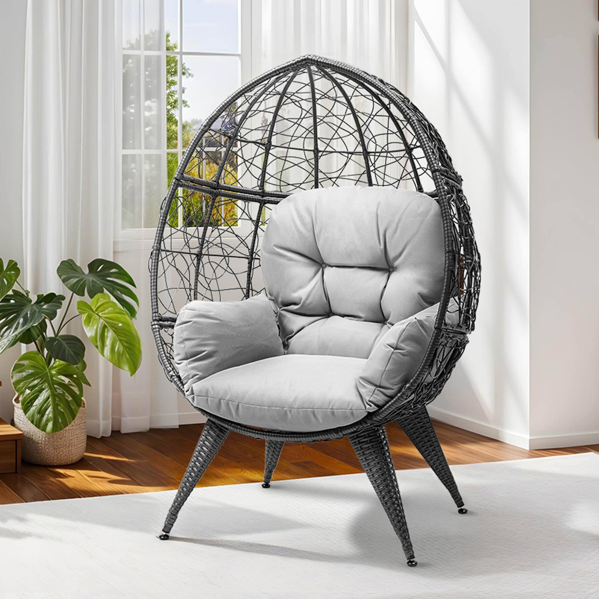 Front. Fabibe - Oversized Egg Chair with Stand Rattan Outdoor Chairs, Large Lounger Chair with Cushion, Adjustable Leveling Feet,... - Grey.