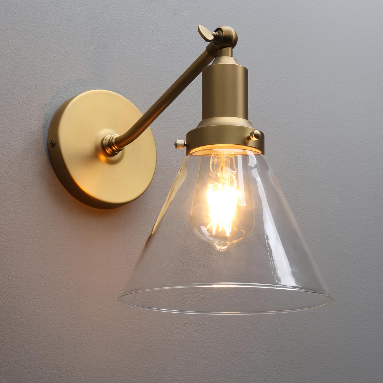 Alt View 5. Comfort Essence - Industrial Vintage Slope Pole Wall Mount Single Sconce With Funnel FlaClear Glass Shade Light Lamp Fixture - Brushed Funnel 1-Light Hardwired.