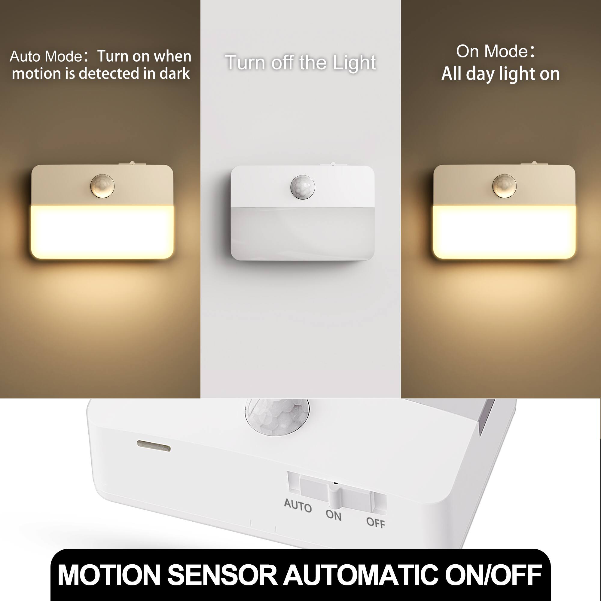 Auto Mode: Turn on when motion is detected in dark  
Turn off the Light  
On Mode: All day light on  

AUTO ON OFF  
MOTION SENSOR AUTOMATIC ON/OFF