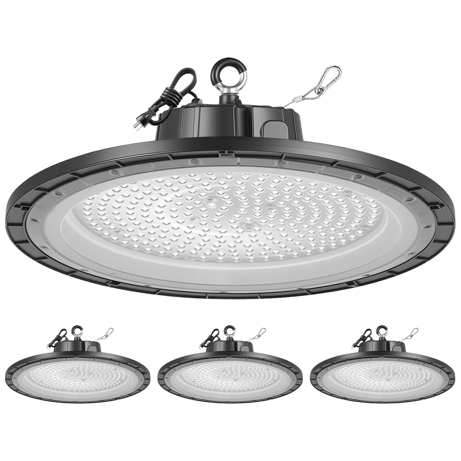 Front. VEVOR - 4 Pack LED High Bay Lights, 5000K 250W 36000LM Super Bright UFO LED Warehouse Shop Lights, IP65 Waterproof - Black.