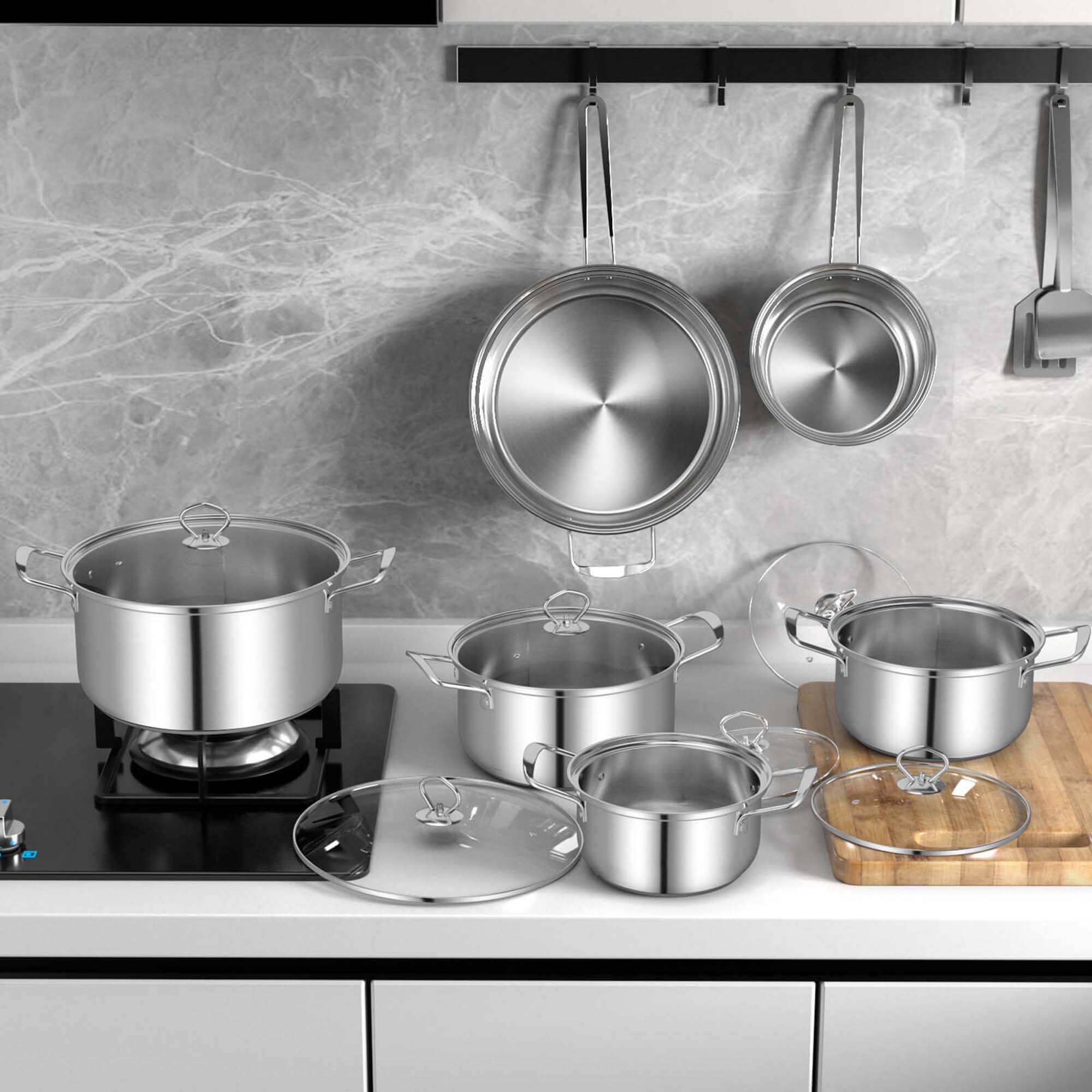 Alt View 2. Costway - Costway 12 PCS Pots & Pans Set with Tempered Glass Lids Handles & 3-Ply Base 4 Stockpots - Silver.