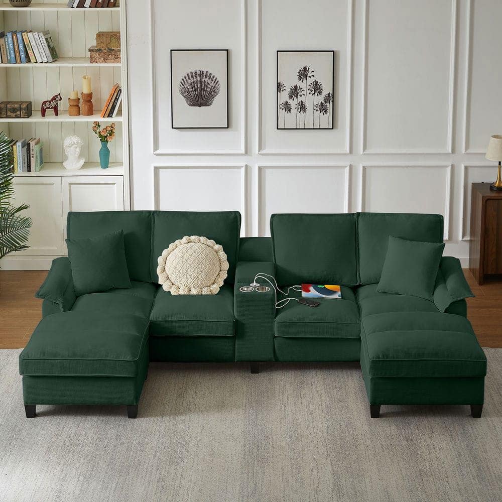 Kadyn - 120" U-Shaped Sectional Sofa Bed, 4-Seater Corduroy with Storage and Built-In Cup Holders, Green - Green