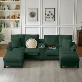 Kadyn - 120" U-Shaped Sectional Sofa Bed, 4-Seater Corduroy with Storage and Built-In Cup Holders, Green - Green
