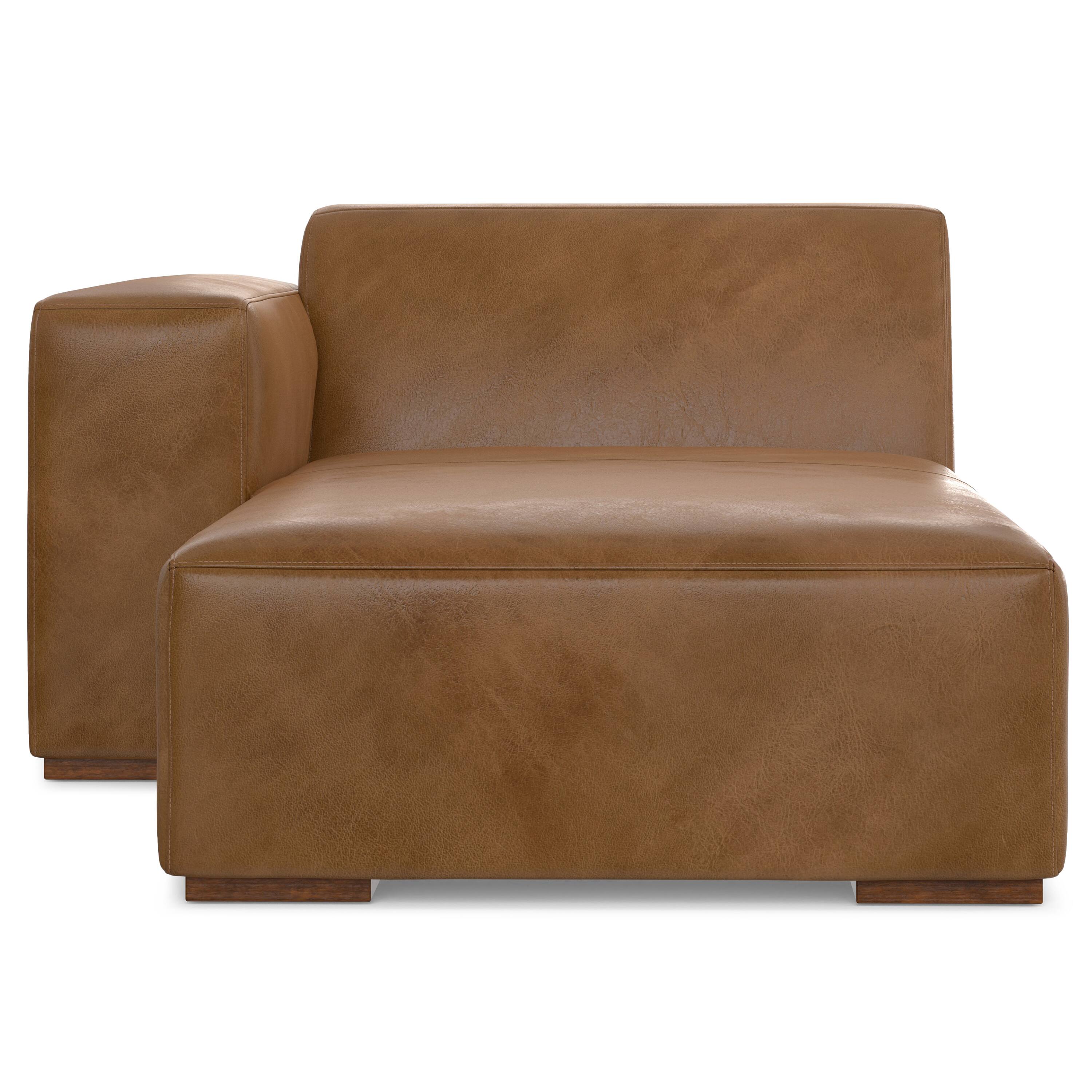Left. Simpli Home - Rex Left Chaise Sofa Module in Genuine Leather - Caramel Brown.
