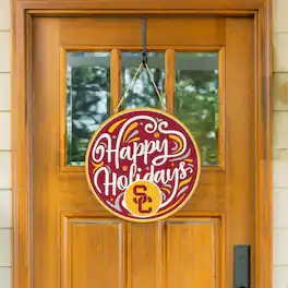 Evergreen Enterprises - USC Trojans 18" Happy Holidays Wooden Round Door Sign - Multicolor