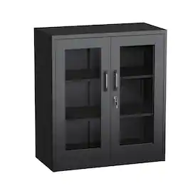 Winado - Metal Lockable Display Cabinet Bookshelf Bookcase with Glass Door & Shelves for Kitchen Office Living Room Pantry Garage - Black
