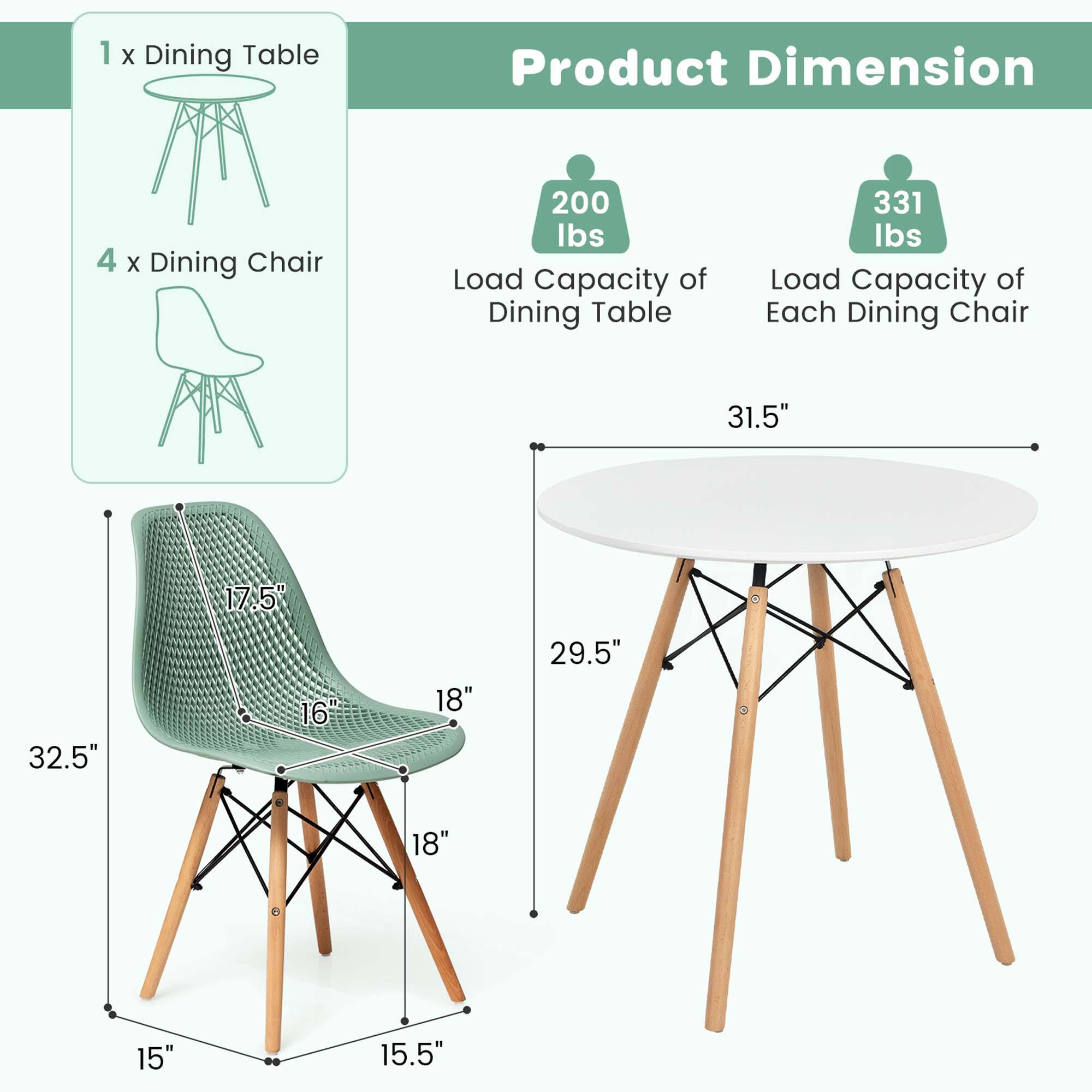 1 X Dining Table, 4 X Dining Chair, 200 lbs Load Capacity of Dining Table, 331 Ibs Load Capacity of Each Dining Chair, 31.5", 32.5", 17.5", 16", 18", 29.5", 18", 15", 15.5"