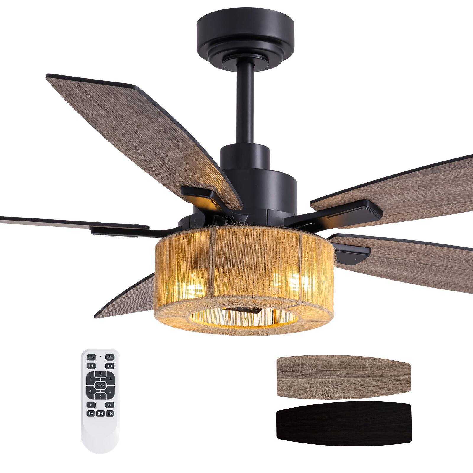 Siljoy - 52-in Boho Hemp Ceiling Fan with Light and Remote Control Include(Bulb not include) - Black