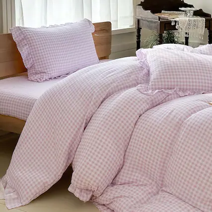Front. Earthley Blooms - Gingham Ruffle Duvet Cover Size 2 Pieces Soft Prewashed Microfiber Checked Plaid Comforter Set Vintage - Purple Gingham-Queen/Full.