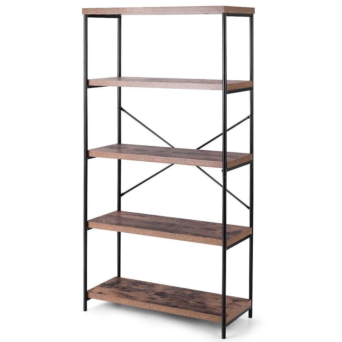 Left. Hivvago - Industrial Metal Wood 5-Tier Bookcase Storage Rack Book Shelf - Rustic Brown, Black.