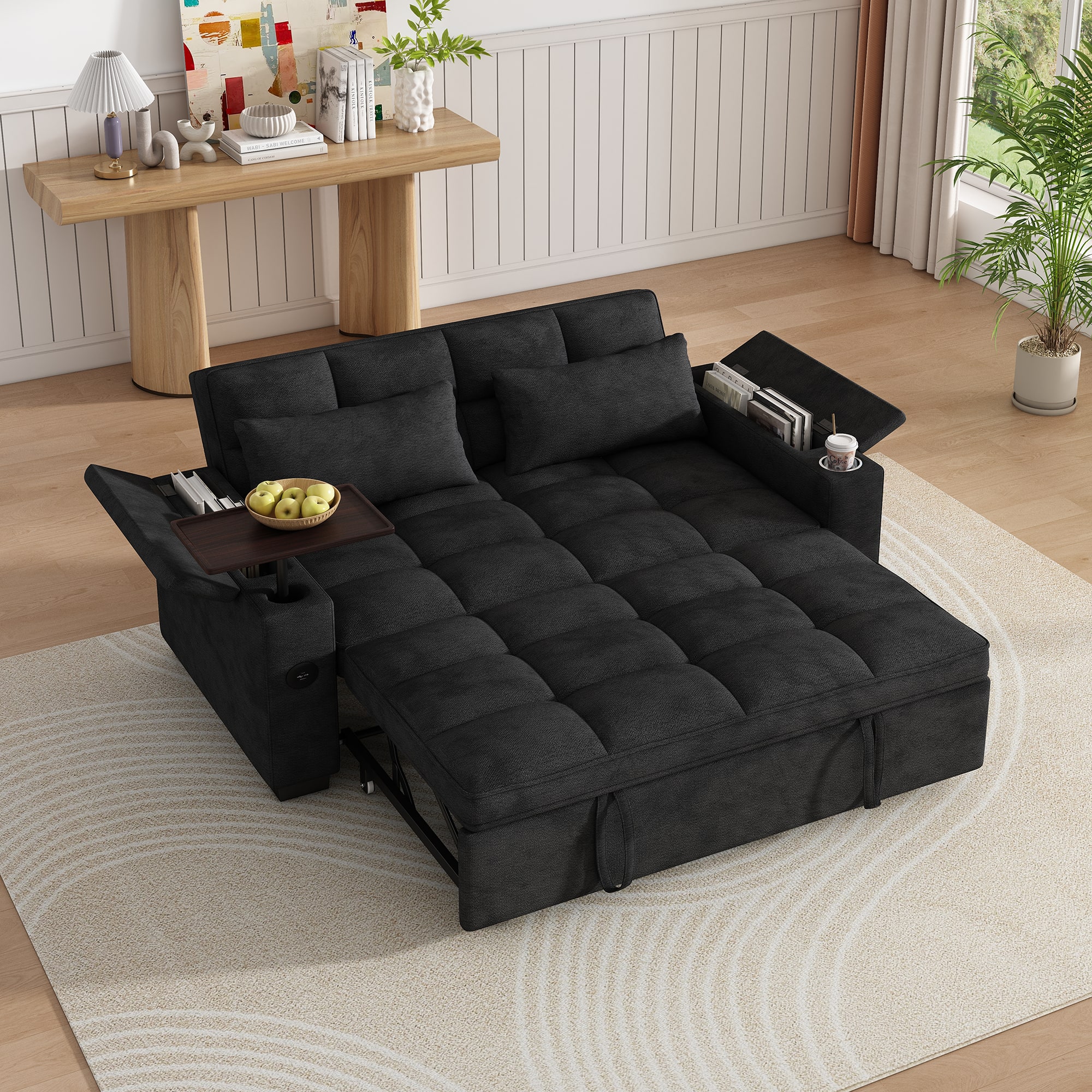 Anysun - 65" 3-in-1 Chenille Convertible Sofa Bed - Pullout Design with 90° Swivel Table, Easy Assembly for Living Room - Black
