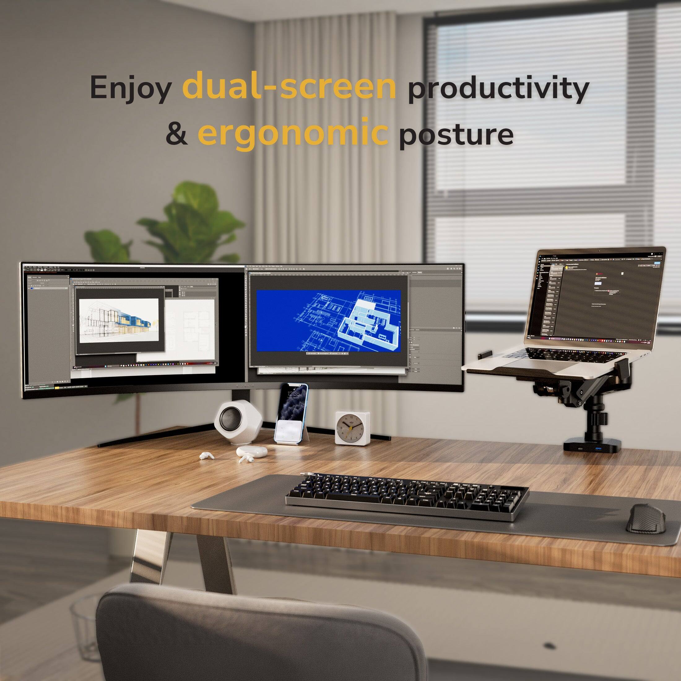Enjoy dual-screen productivity & ergonomic posture
