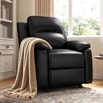 Front. Brick Attic - 31.9" Wide Padded Manual Recliner Chair, Waterproof Faux Leather Adjustable Backrest with Extendable Footrest - Black.