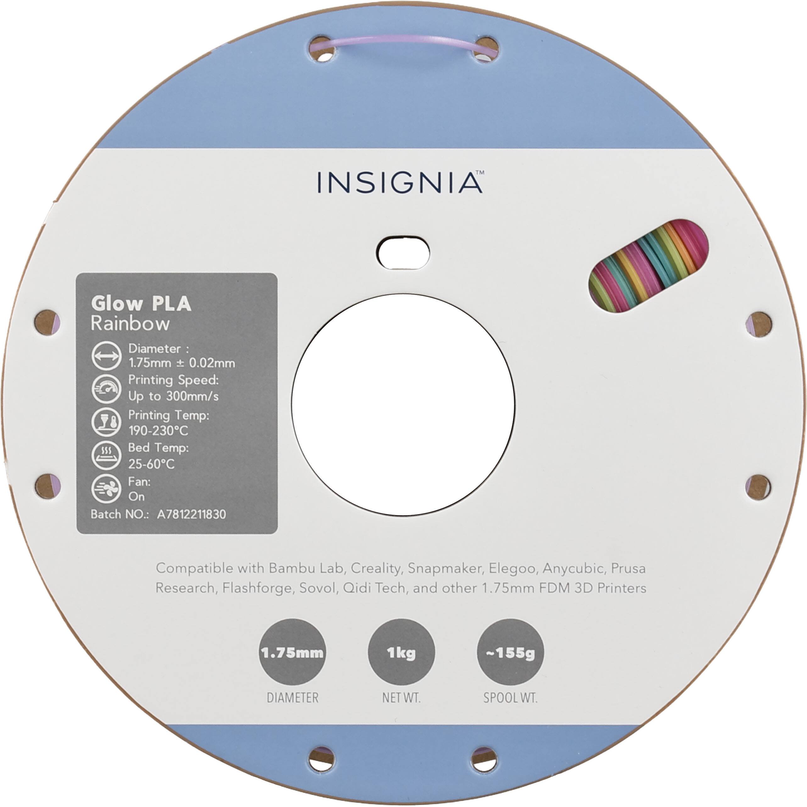 TM INSIGNIA Glow PLA Rainbow  
Diameter: 1.75mm ± 0.02mm  
Printing Speed: Up to 300mm/s  
Printing Temp: 190-230°C  
Bed Temp: 25-60°C  
Fan: On  
Batch NO.: A7812211830  

Compatible with Bambu Lab, Creality, Snapmaker, Elegoo, Anycubic, Prusa Research, Flashforge, Sovol, Qidi Tech, and other 1.75mm FDM 3D Printers  

1.75mm  
1kg NET WT.  
~155g SPOOL WT.