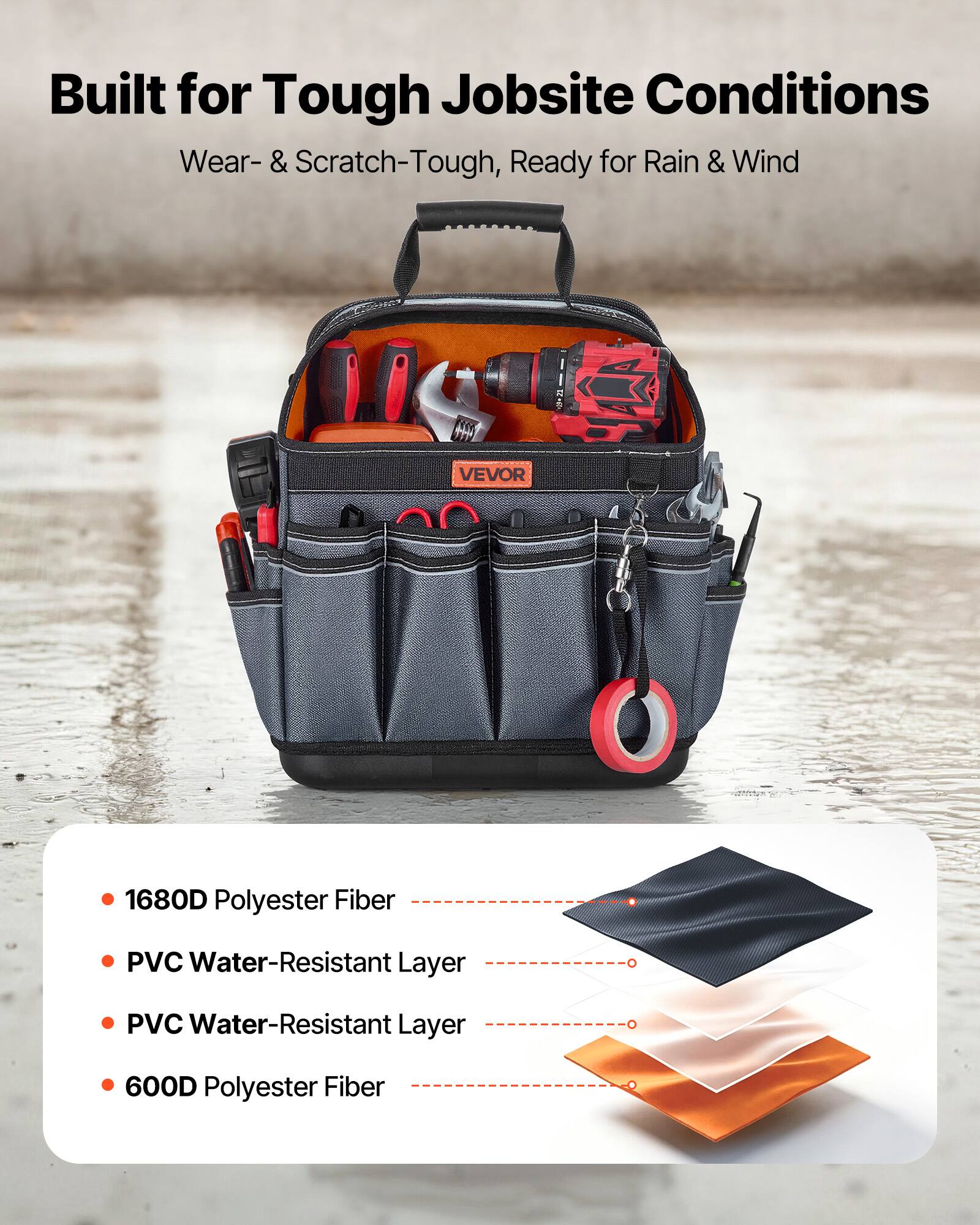 Built for Tough Jobsite Conditions  
Wear- & Scratch-Tough, Ready for Rain & Wind  

VEVOR  

- 1680D Polyester Fiber  
- PVC Water-Resistant Layer  
- PVC Water-Resistant Layer  
- 600D Polyester Fiber