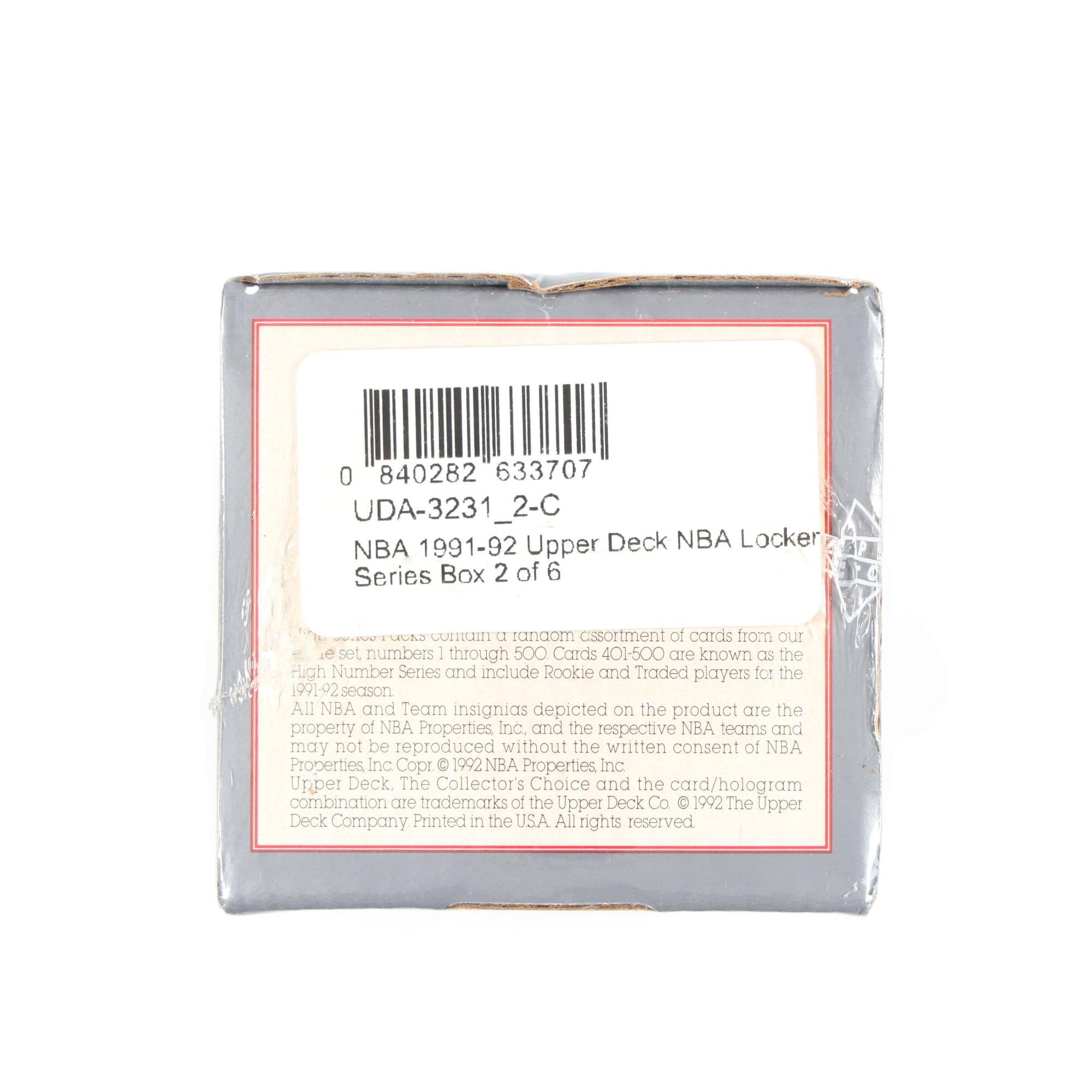 0 840282 633707  
UDA-3231_2-C  
NBA 1991-92 Upper Deck NBA Locker Series Box 2 of 6  

This box contains a random assortment of cards from our set, numbers 1 through 500. Cards 401-500 are known as the High Number Series and include Rookie and Traded players for the 1991-92 season. All NBA and Team insignias depicted on the product are the property of NBA Properties Inc. and the respective NBA teams and may not be reproduced without the written consent of NBA Properties Inc. © 1992 NBA Properties Inc. Upper Deck. The Collector's Choice and the card/hologram combination are trademarks of the Upper Deck Co. © 1992 The Upper Deck Company. Printed in the USA. All rights reserved.