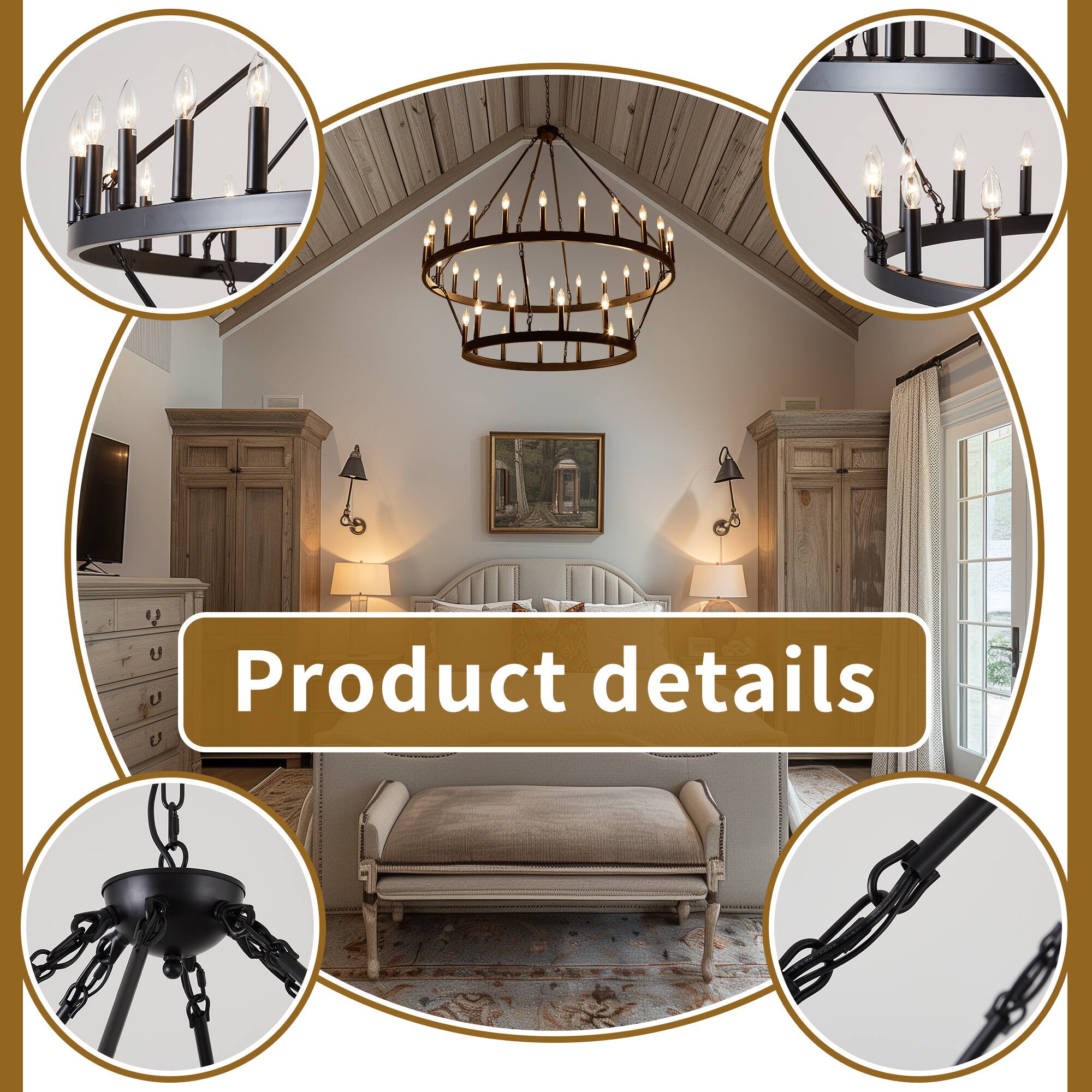 Alt View 2. RYHNUYNE - 36 Light Black Wagon Wheel Chandelier 48 Inch 2 Tier Large Round Farmhouse Pendant Light Fixture for Foyer Entryway - Black.