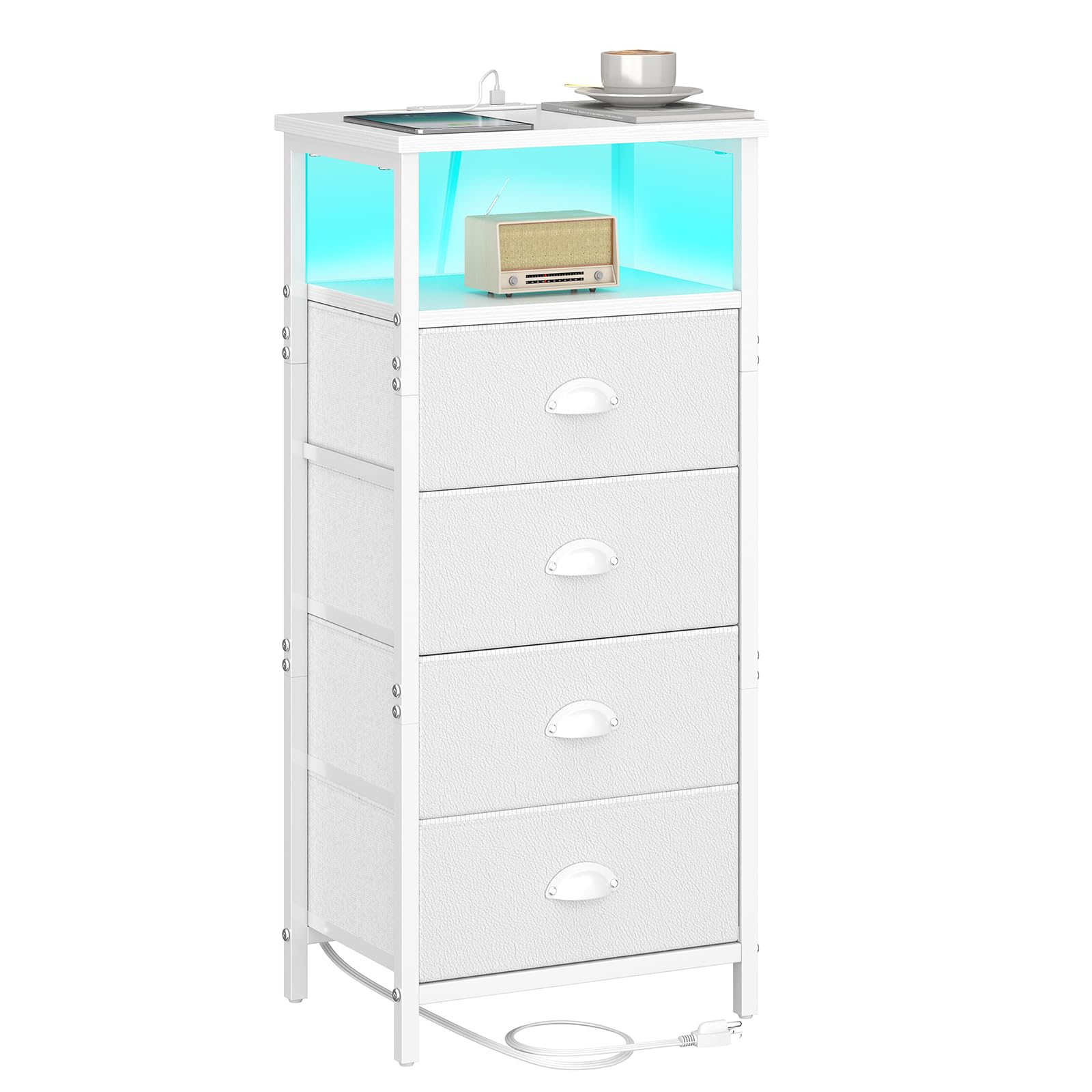 Front. Empire DigiLabs - Nightstand With Charging Station Led 3 Fabric Drawers Pu Finish Bedside End Tables 2-tier Open Storage Shel... - White.