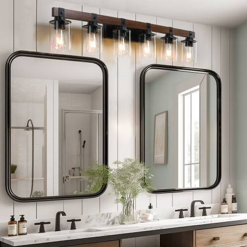 Angle. LUCKY ONE - 42in Rustic 6-Light Vanity Light, Industrial Farmhouse Bathroom Sconce with Wood Accent - Walnut.
