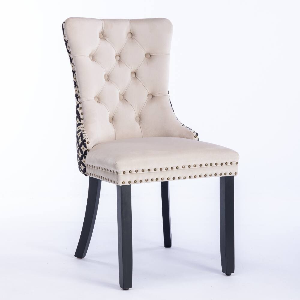 Left. Loheer - Loheer Velvet Dining Chairs Set of 2, Beige Tufted Upholstered Solid Wood High Back with Nailhead Trim - Beige.