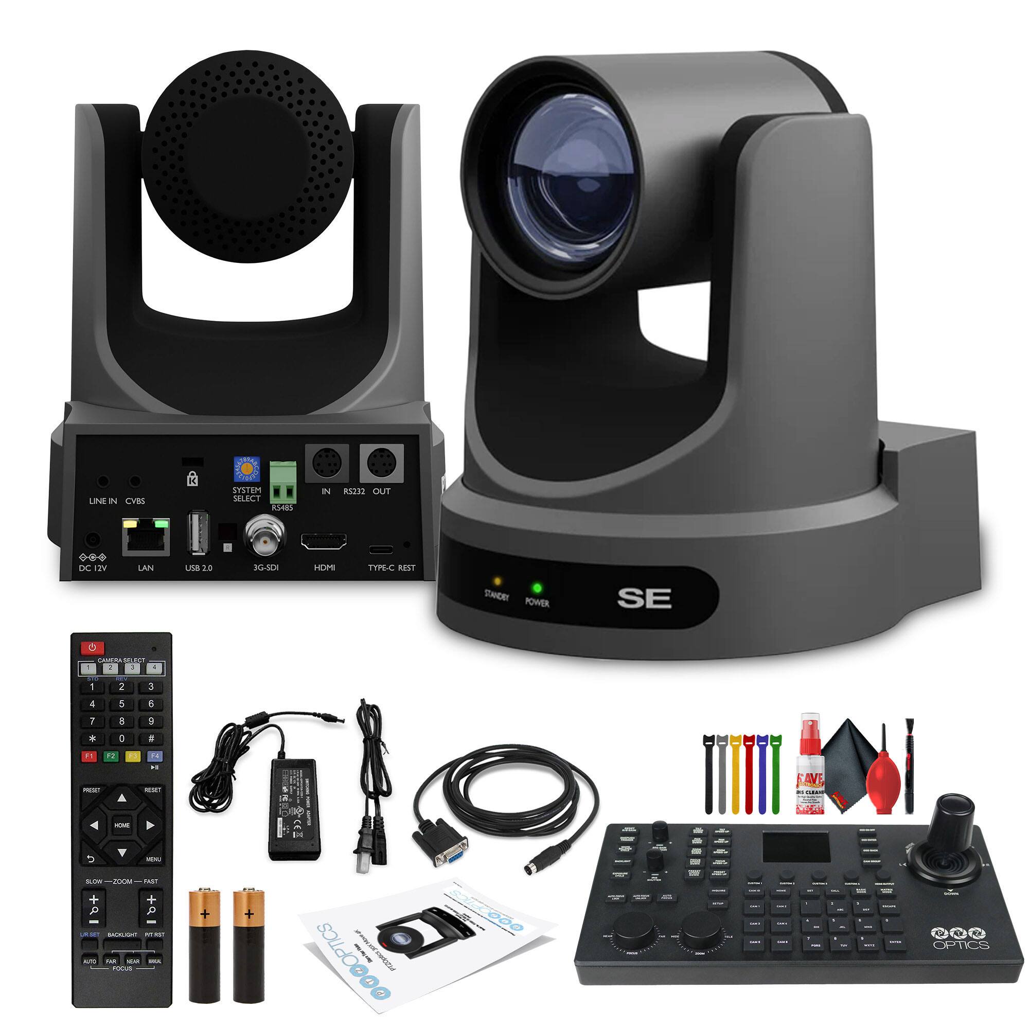 Sure, here is the corrected and grouped text from the image:

**Main Device:**
- LINE IN CVBS
- SYSTEM SELECT R448B
- RS232 OUT
- DC 12V
- LAN
- USB 2.0
- 3G-SDI
- HDMI
- TYPE-C RESET

**Camera:**
- SE

**Remote Control:**
- 1 2 3
- 4 5 6
- 7 8 9
- 0
- MENU
- PRESET
- RESET
- HOME
- SLOW ZOOM
- FAST ZOOM
- WIDE
- TELE
- FOCUS
- IR CUT
- POWER
- OPTICS

**Power Supply:**
- 12V 2A

**Cables and Accessories:**
- USB Cable
- Power Cable
- SDI Cable
- HDMI Cable
- LAN Cable
- USB Cable
- SD Card

**Additional Accessories:**
- Cleaning Kit (with brushes and solution)
- Lens Cap
- Mounting Bracket

**Control Panel:**
- OPTICS

**Other:**
- SE
- OPTICS